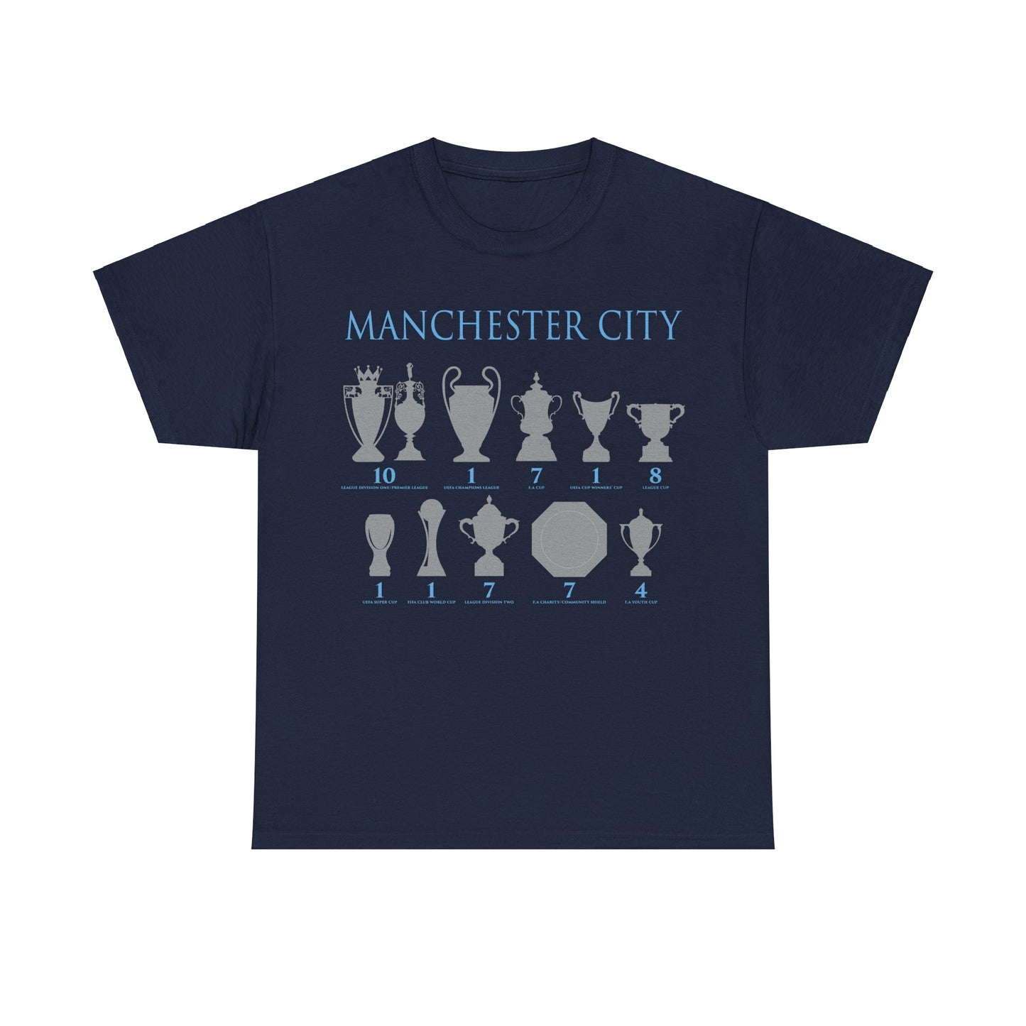 Manchester City Trophies Unisex Heavy Cotton T-Shirt - Light Blue/White/Black/Navy