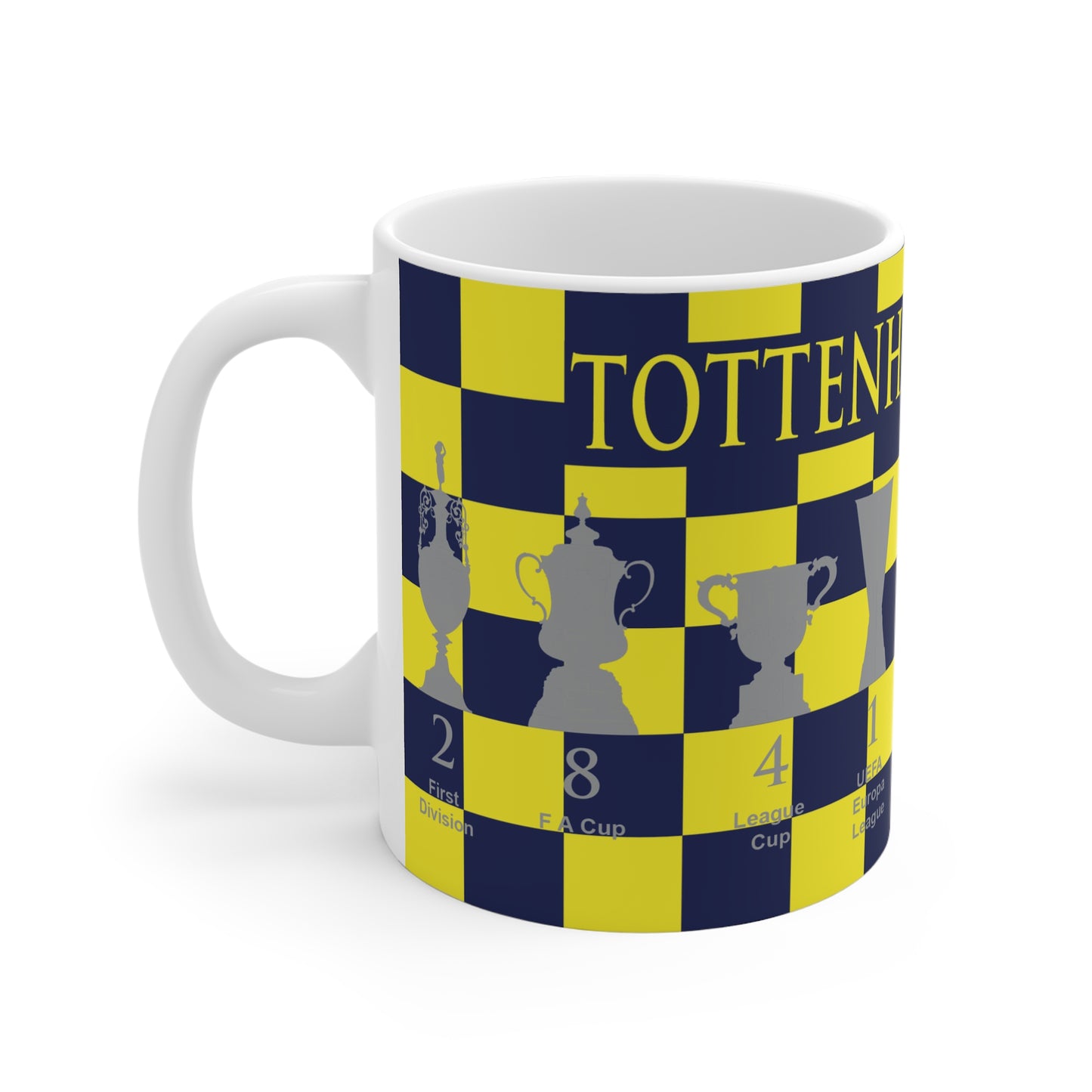 Tottenham Hotspur Blue & Yellow Chequered Trophies Mug - Yellow Header Text