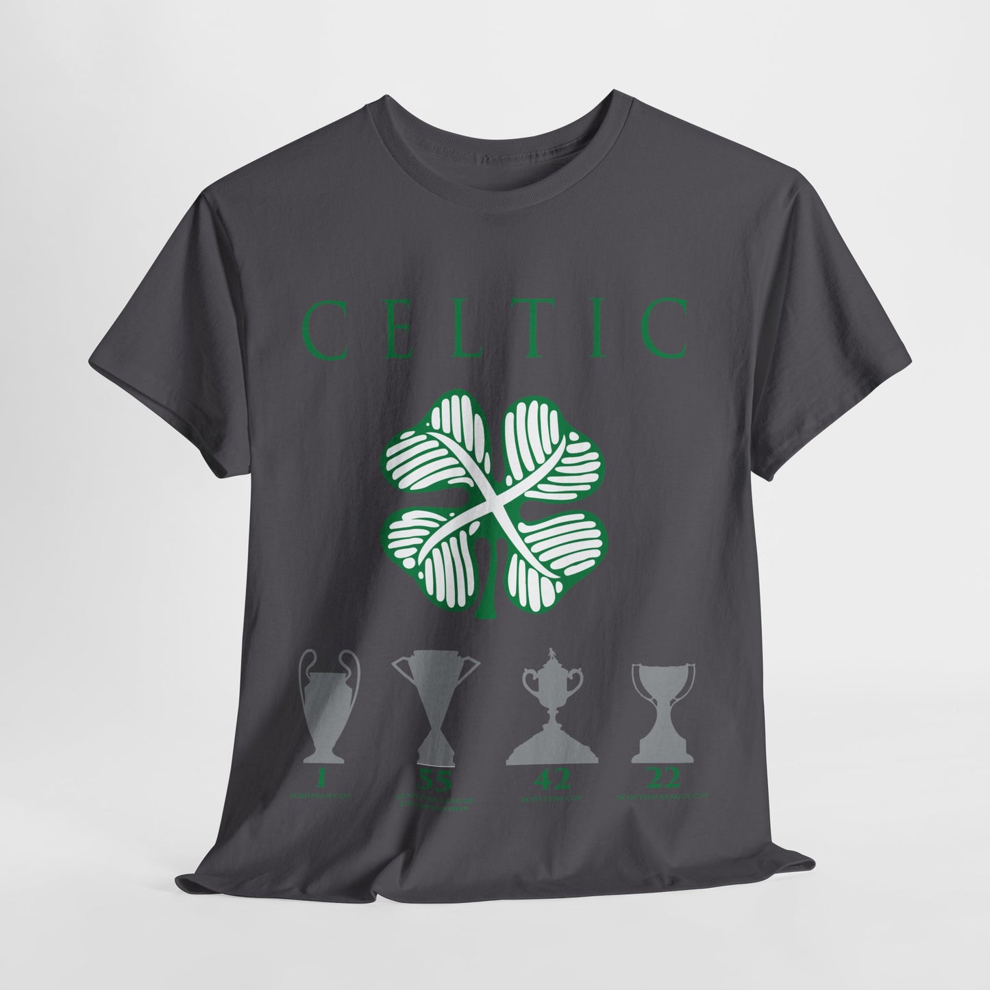 Celtic Clover & Trophies Unisex Heavy Cotton T-Shirt - Irish Green/Black/White/Gold/Sport Grey/Charcoal/Military Green/Forest Green