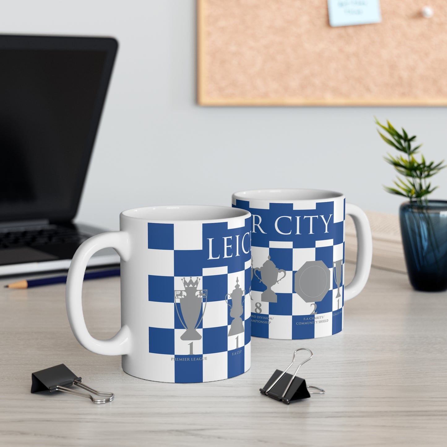 Leicester City Blue & White Chequered Trophies Mug - White Header Text