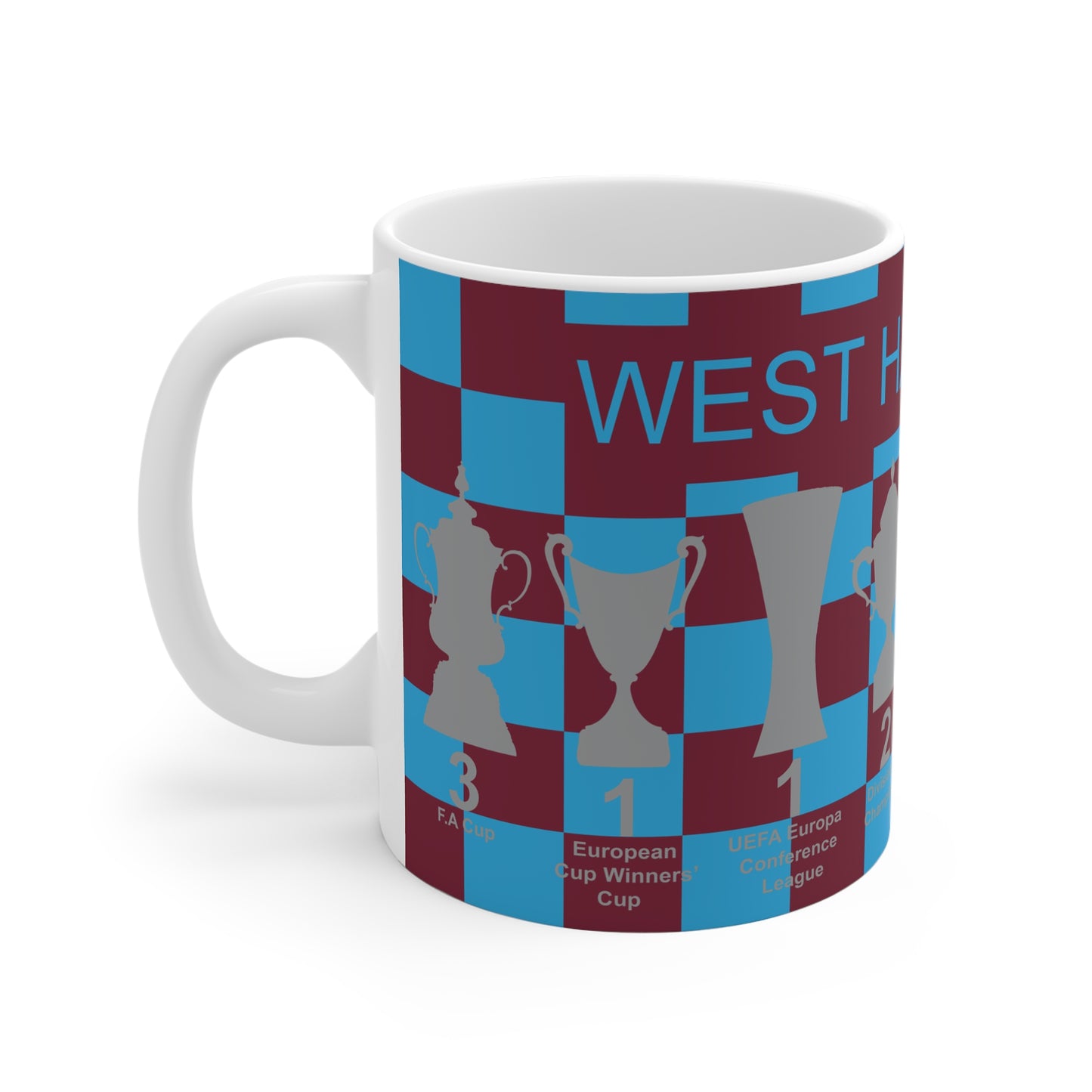 West Ham United Claret & Blue Chequered Trophies Mug - Blue Text