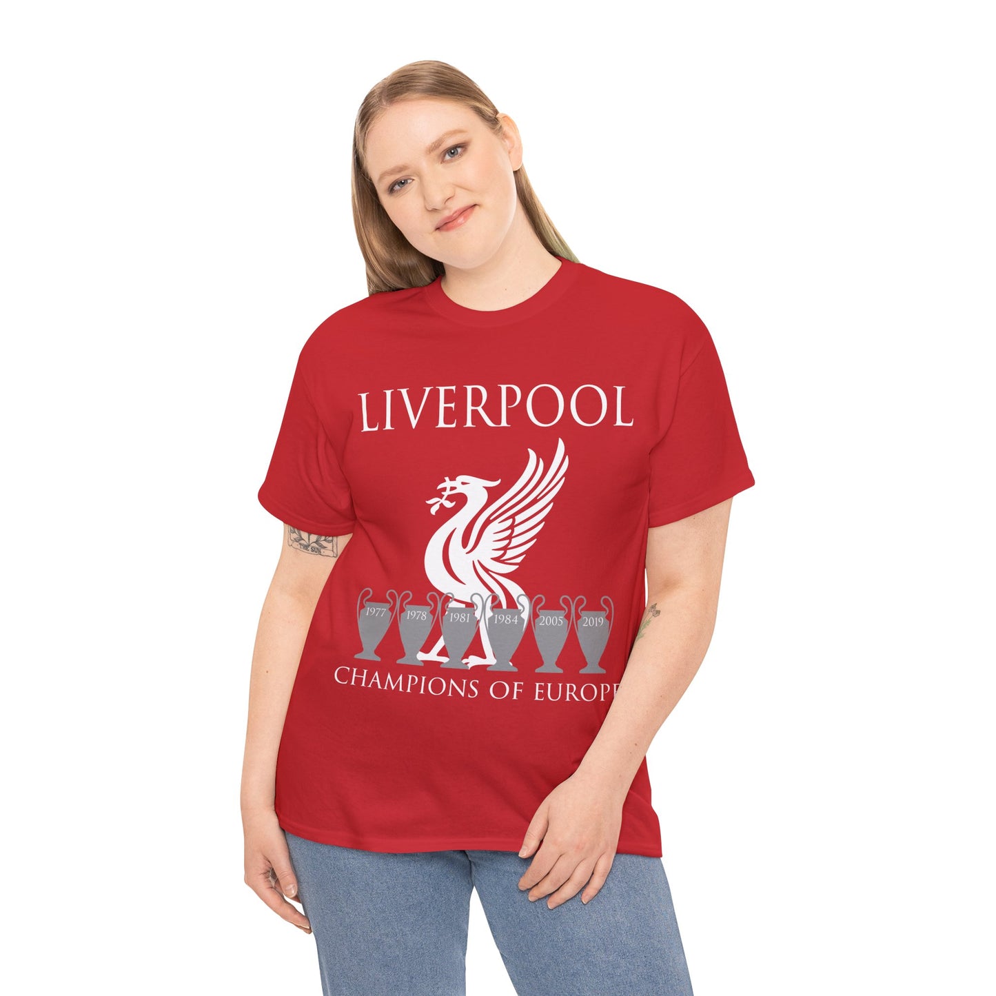 Liverpool Champions of Europe Unisex Heavy Cotton T-Shirt - Red/White/Black/Gold/Sport Grey/Charcoal