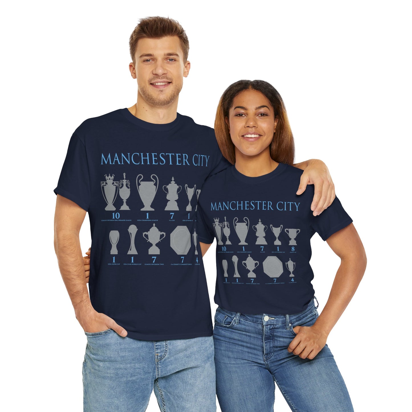 Manchester City Trophies Unisex Heavy Cotton T-Shirt - Light Blue/White/Black/Navy