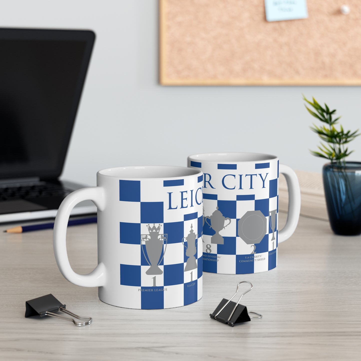 Leicester City Blue & White Chequered Trophies Mug - Blue Header Text