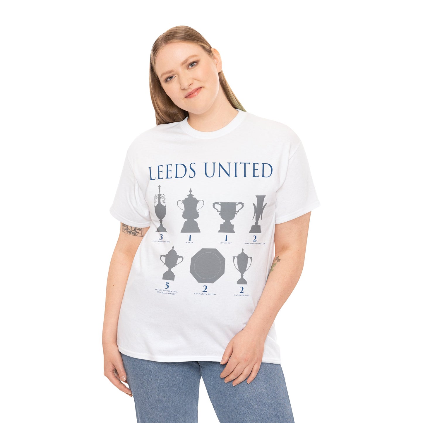 Leeds United Trophies Unisex Heavy Cotton T-Shirt - White/Black/Gold/Royal/Navy