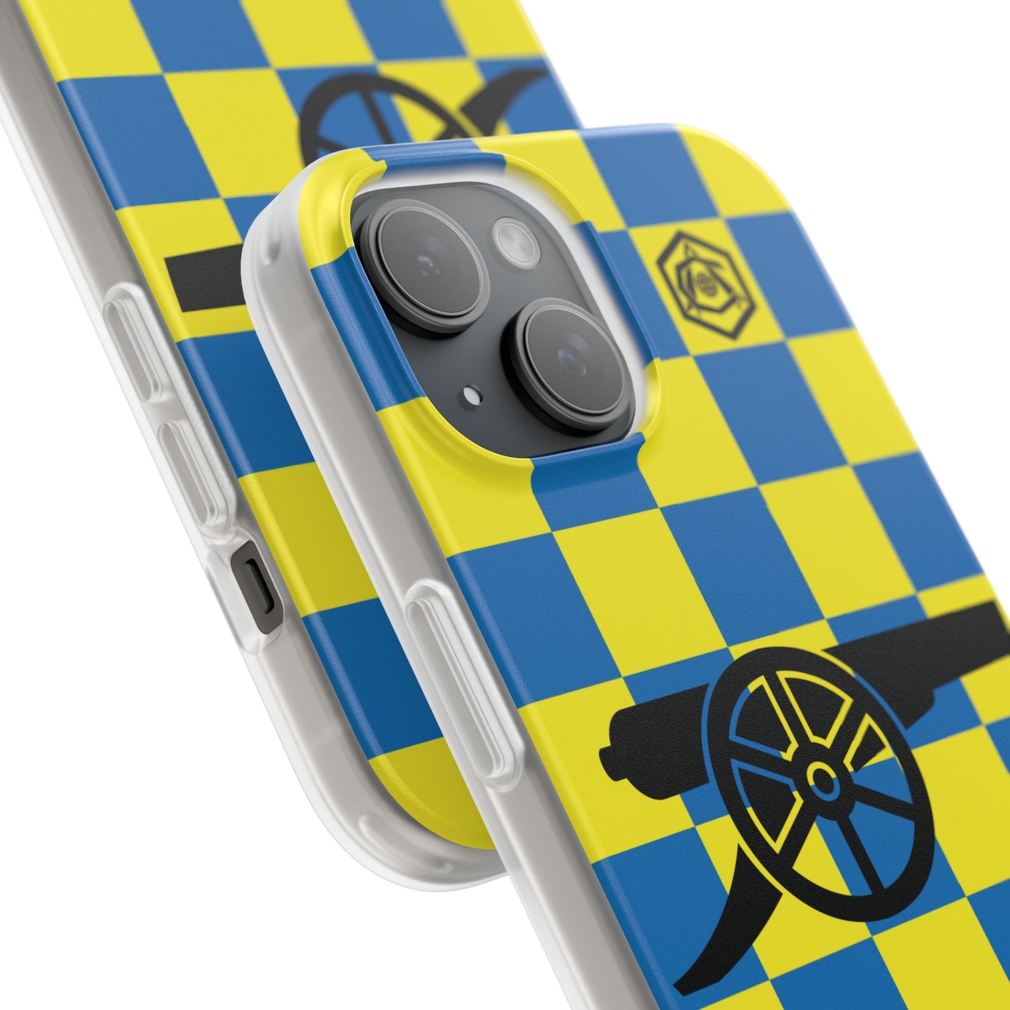 Arsenal Blue & Yellow Chequered Cannon & Monogram iPhone Flexi Case - iPhone 16, 15, 14, Plus/Pro/Pro Max