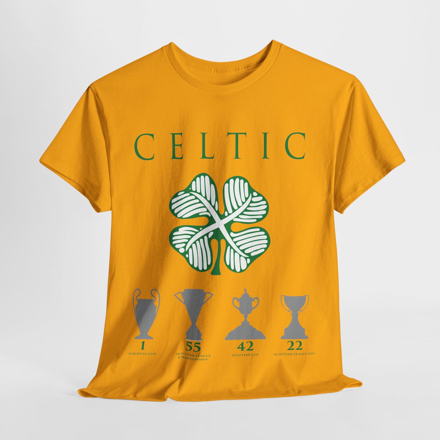 Celtic Clover & Trophies Unisex Heavy Cotton T-Shirt - Irish Green/Black/White/Gold/Sport Grey/Charcoal/Military Green/Forest Green