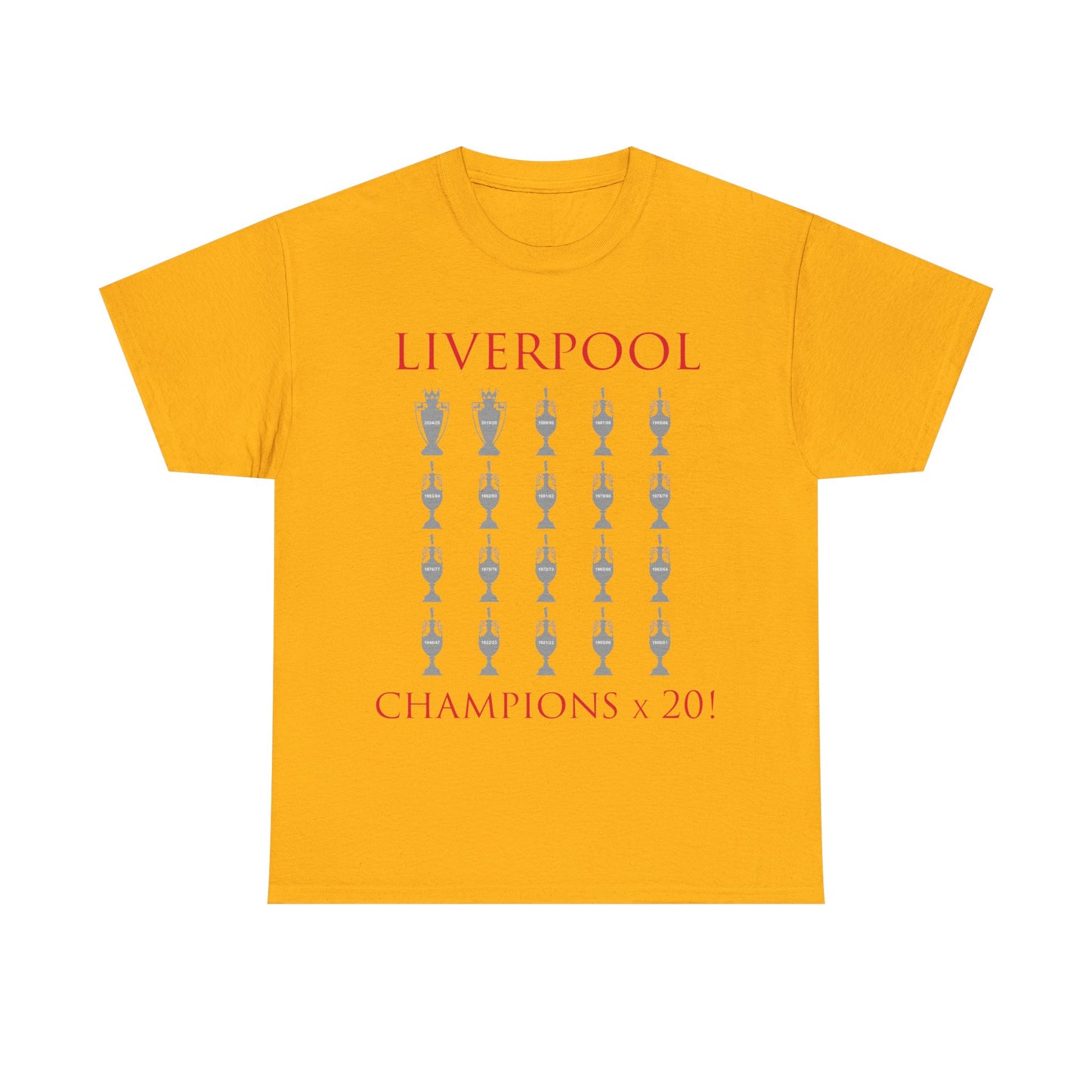Liverpool 20 Champions Unisex Heavy Cotton T-Shirt - Red/White/Black/Charcoal/Gold