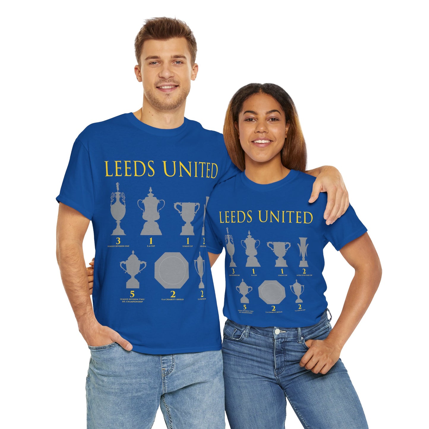 Leeds United Trophies Unisex Heavy Cotton T-Shirt - White/Black/Gold/Royal/Navy