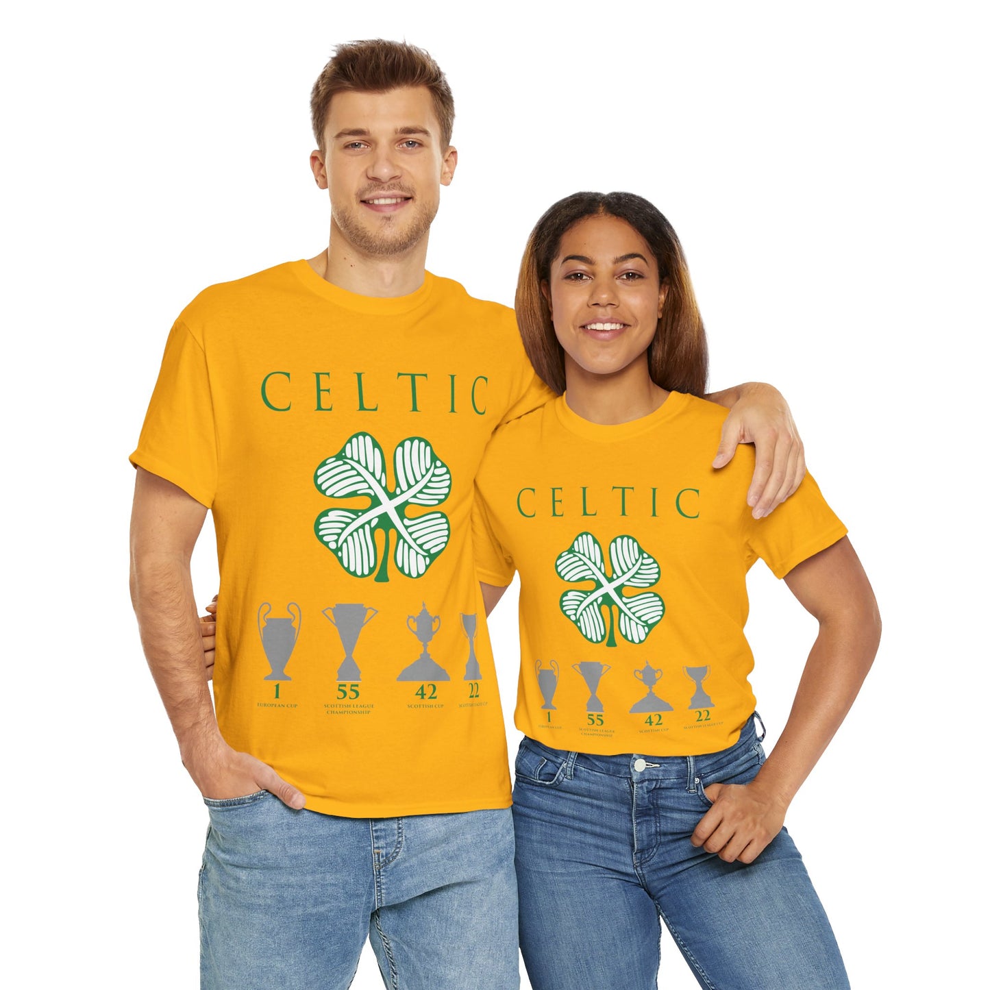 Celtic Clover & Trophies Unisex Heavy Cotton T-Shirt - Irish Green/Black/White/Gold/Sport Grey/Charcoal/Military Green/Forest Green