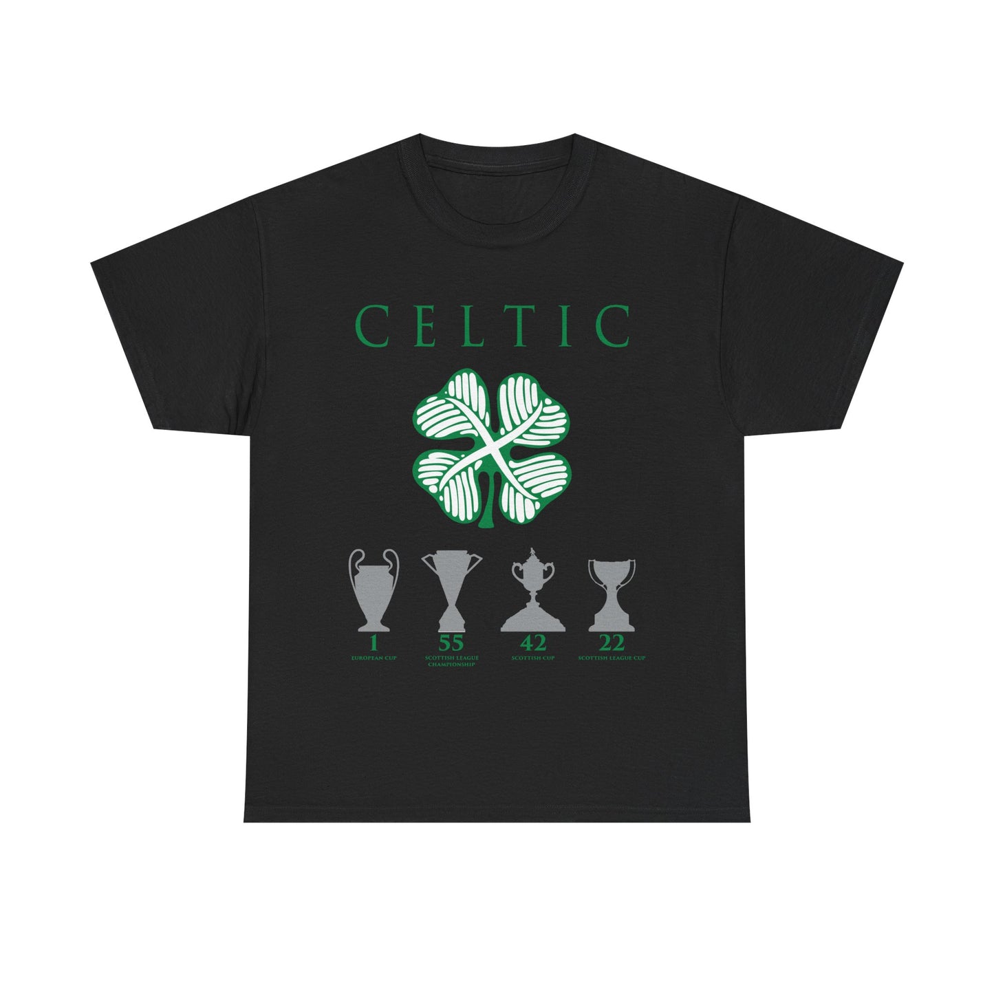 Celtic Clover & Trophies Unisex Heavy Cotton T-Shirt - Irish Green/Black/White/Gold/Sport Grey/Charcoal/Military Green/Forest Green