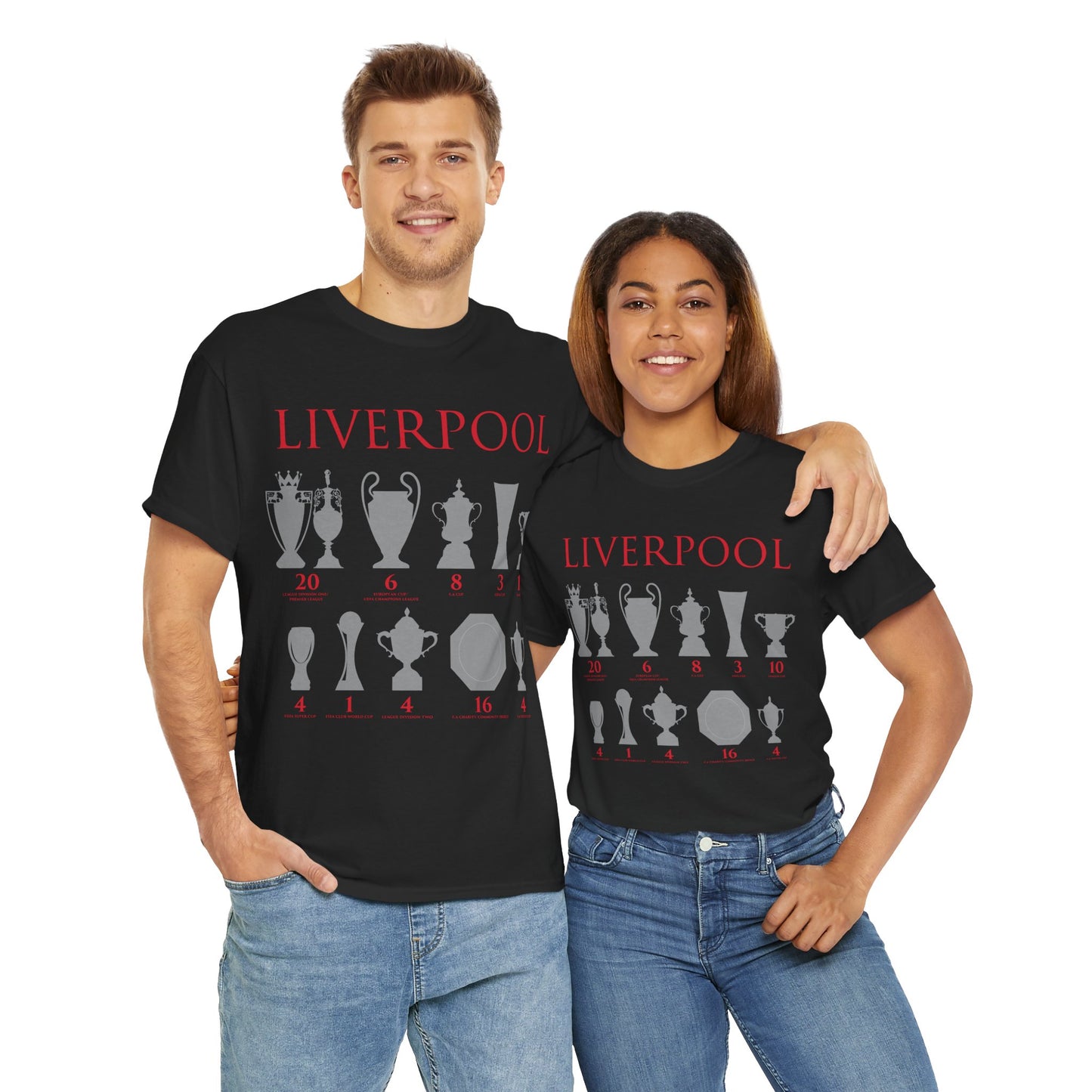 Liverpool Trophies Unisex Heavy Cotton T-Shirt - Red/White/Black/Gold