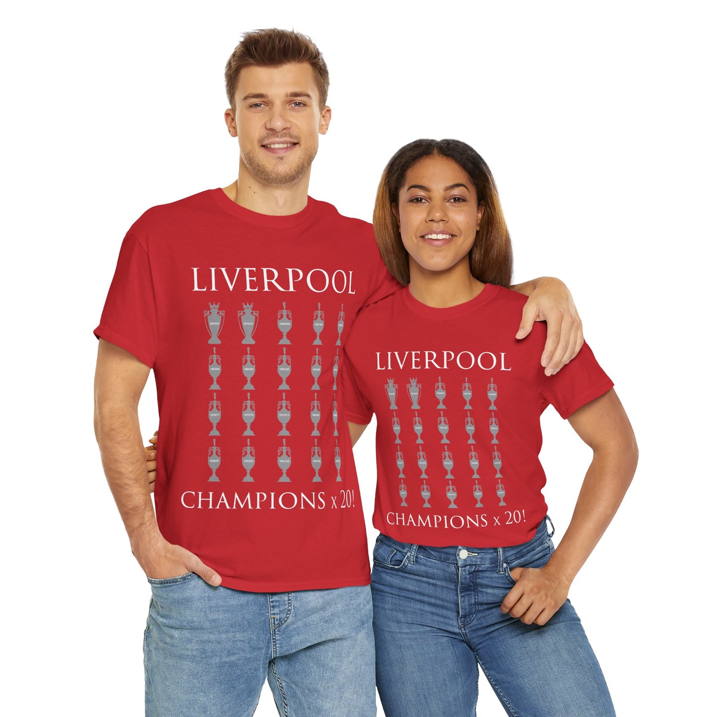 Liverpool 20 Champions Unisex Heavy Cotton T-Shirt - Red/White/Black/Charcoal/Gold