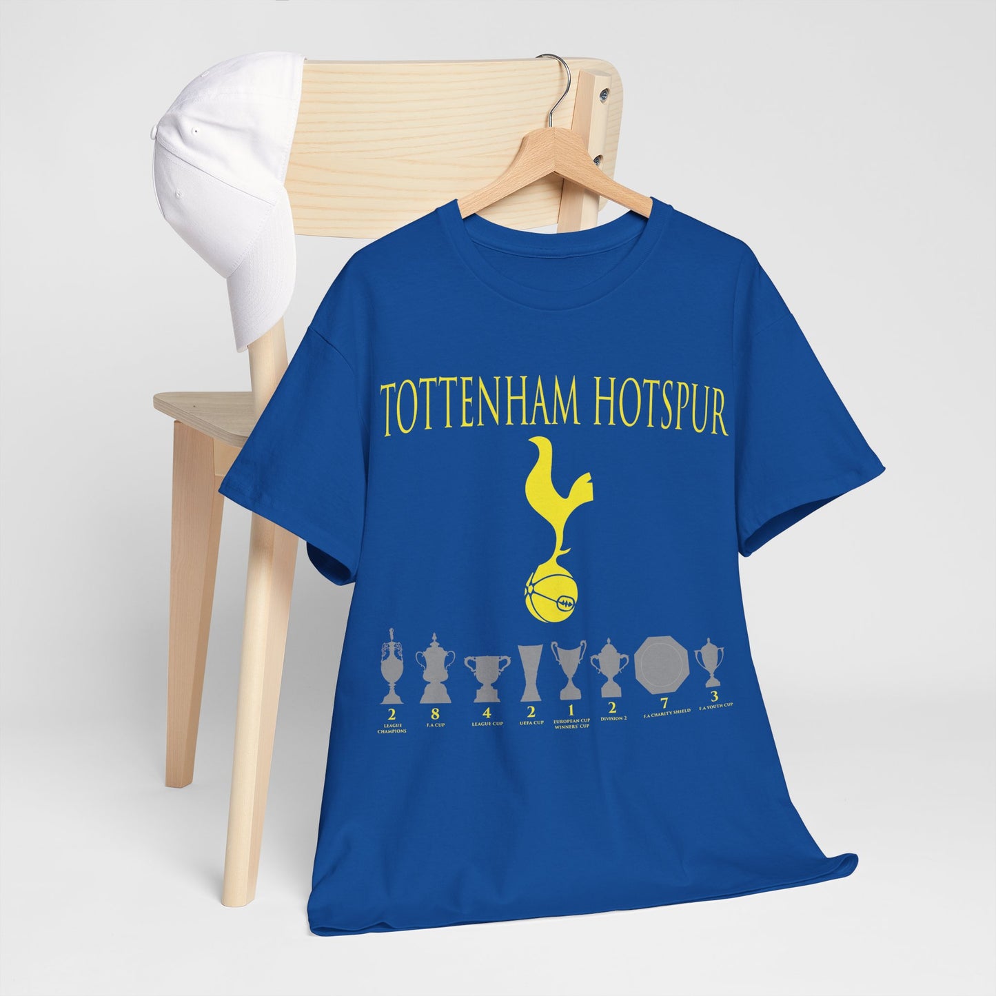 Tottenham Hotspur Cockerel & Trophies Unisex Heavy Cotton T-Shirt - Navy/White/Black/Gold/Light Blue/Royal
