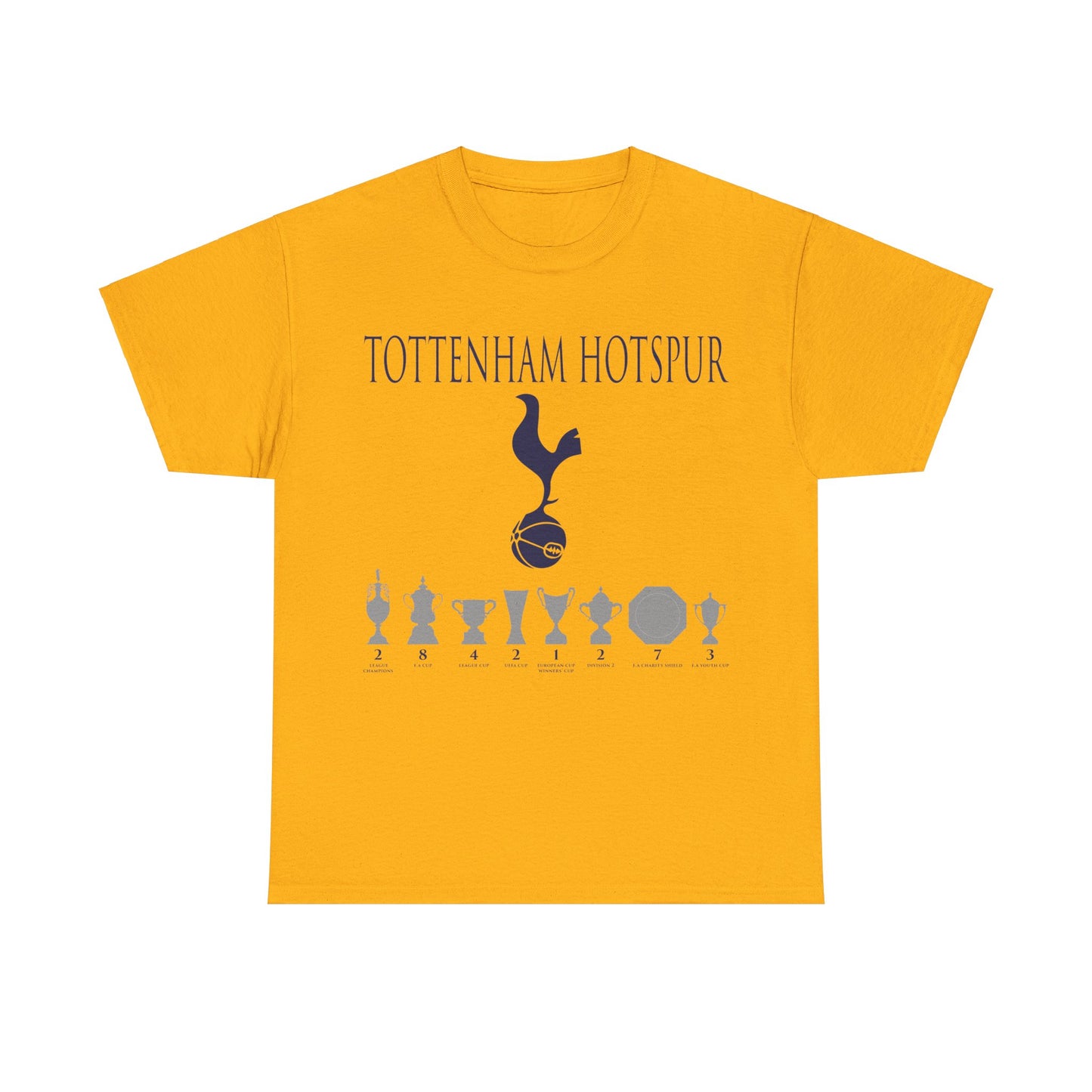 Tottenham Hotspur Cockerel & Trophies Unisex Heavy Cotton T-Shirt - Navy/White/Black/Gold/Light Blue/Royal