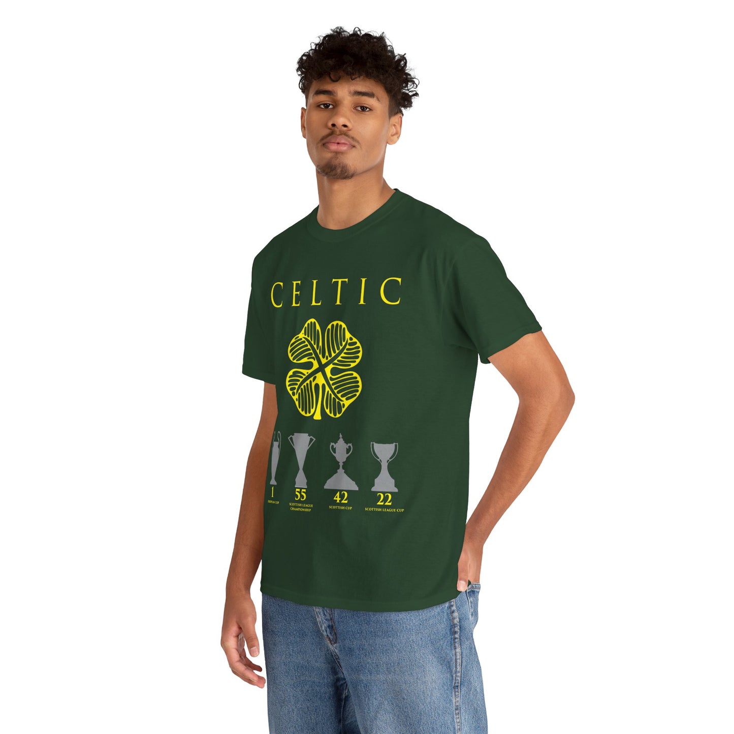 Celtic Clover & Trophies Unisex Heavy Cotton T-Shirt - Irish Green/Black/White/Gold/Sport Grey/Charcoal/Military Green/Forest Green