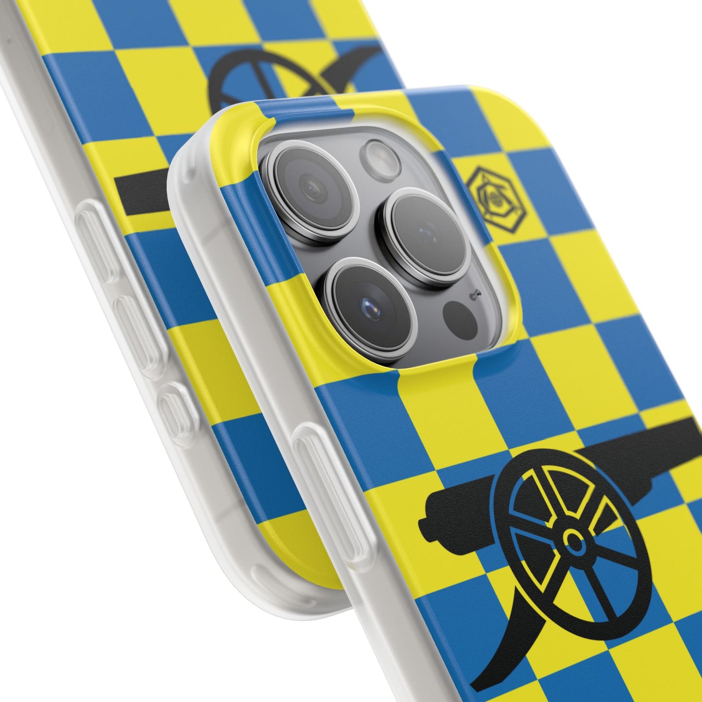 Arsenal Blue & Yellow Chequered Cannon & Monogram iPhone Flexi Case - iPhone 16, 15, 14, Plus/Pro/Pro Max