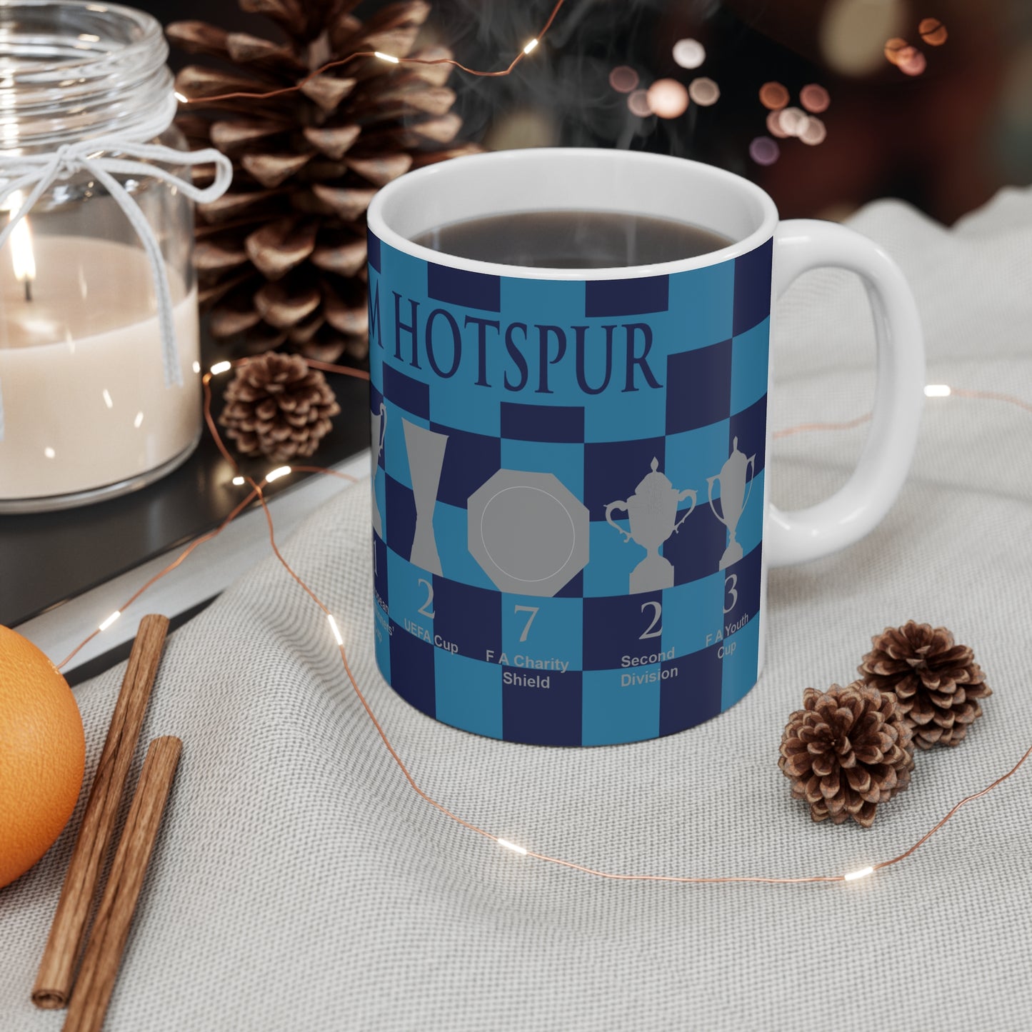 Tottenham Hotspur Blue & Cyan Chequered Trophies Mug - Blue Header Text