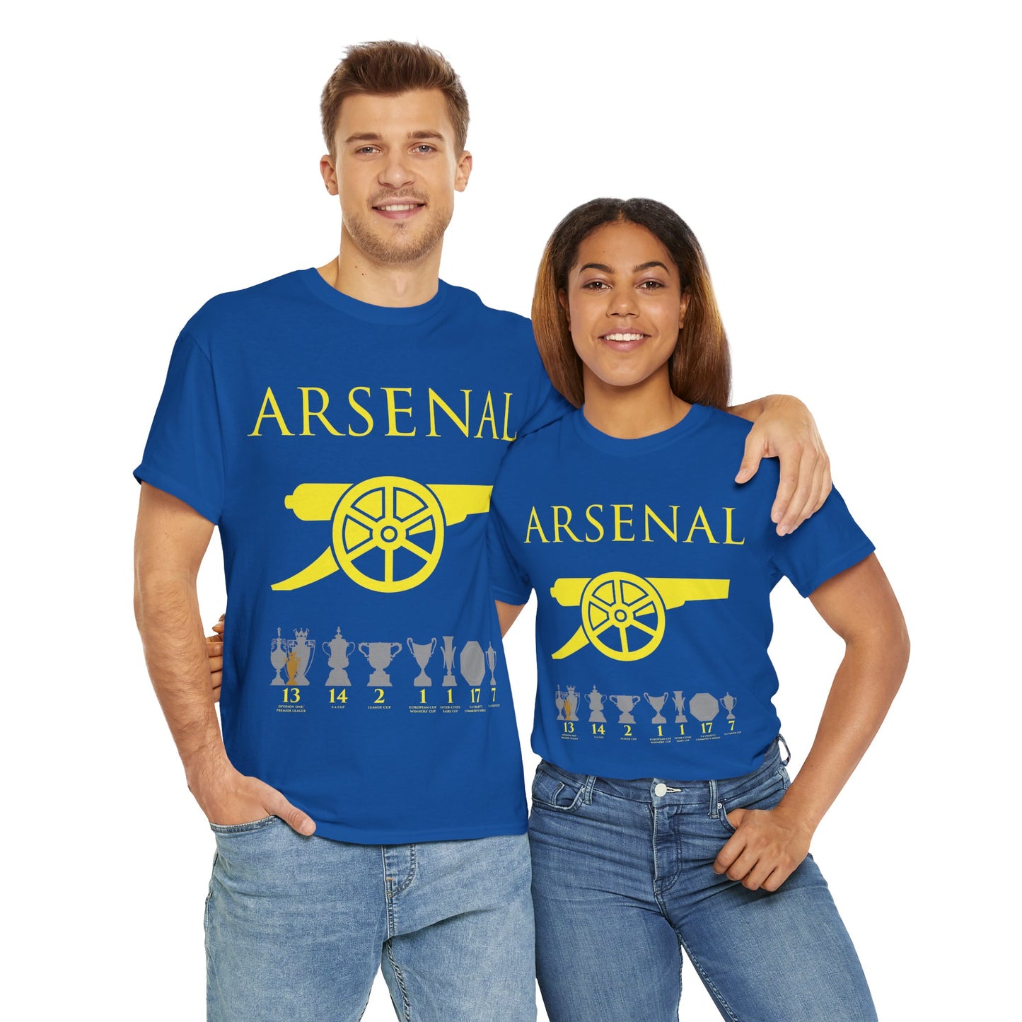 Arsenal Cannon & Trophies Unisex Heavy Cotton T-Shirt - Red/White/Black/Gold/Royal