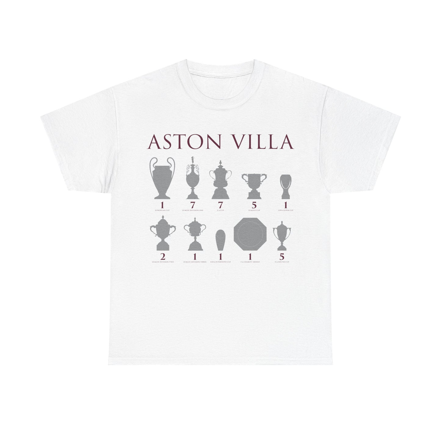 Aston Villa Trophies Unisex Heavy Cotton T-Shirt - Maroon/White/Light Blue