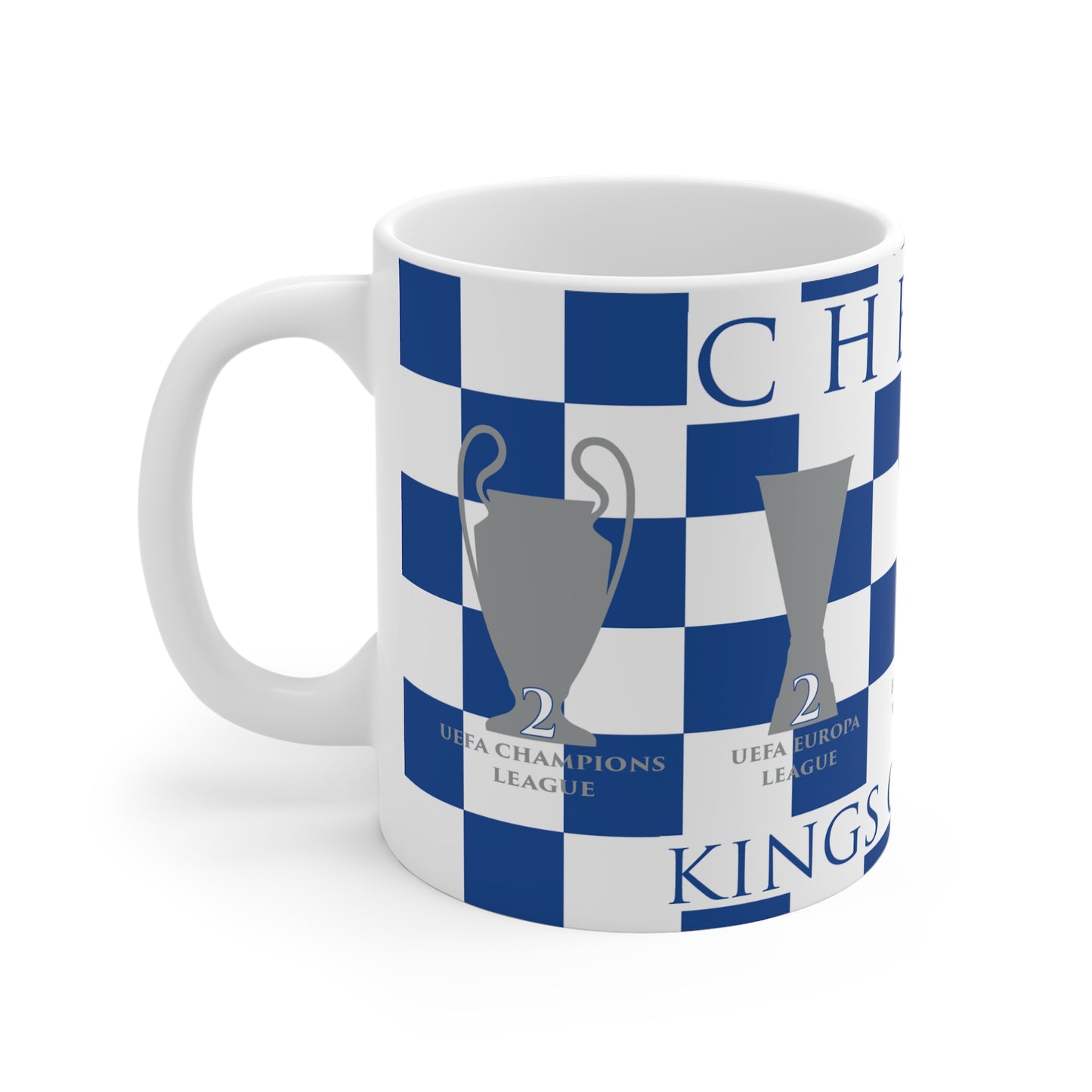 Chelsea Blue & White Chequered Kings of Europe Mug - Blue Header Text