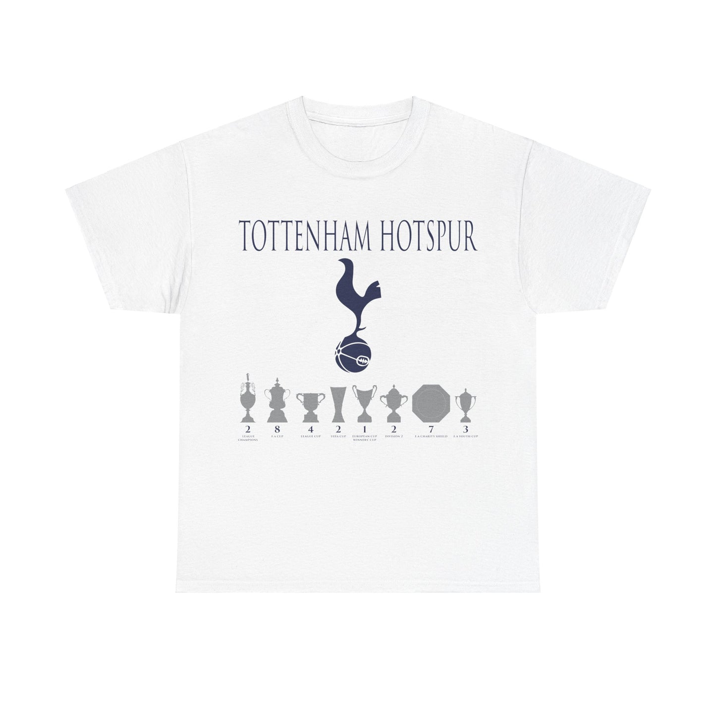 Tottenham Hotspur Cockerel & Trophies Unisex Heavy Cotton T-Shirt - Navy/White/Black/Gold/Light Blue/Royal