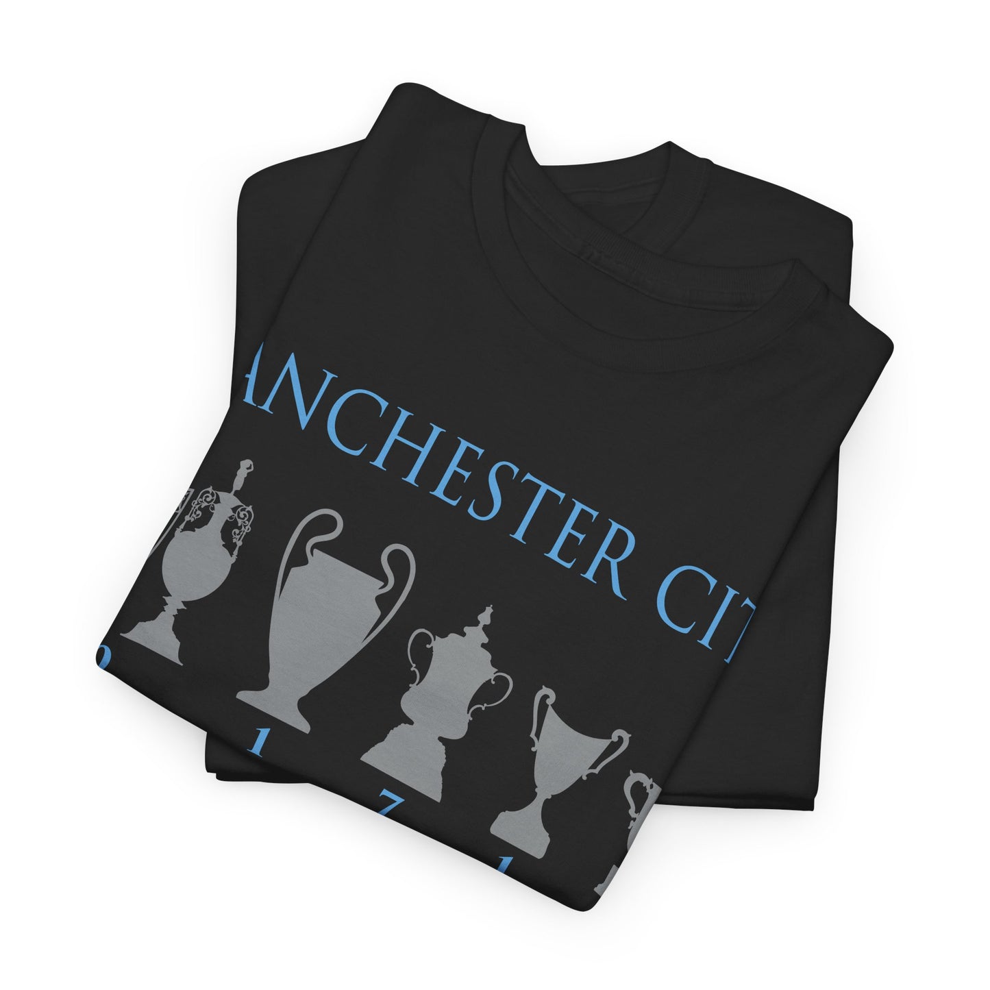Manchester City Trophies Unisex Heavy Cotton T-Shirt - Light Blue/White/Black/Navy