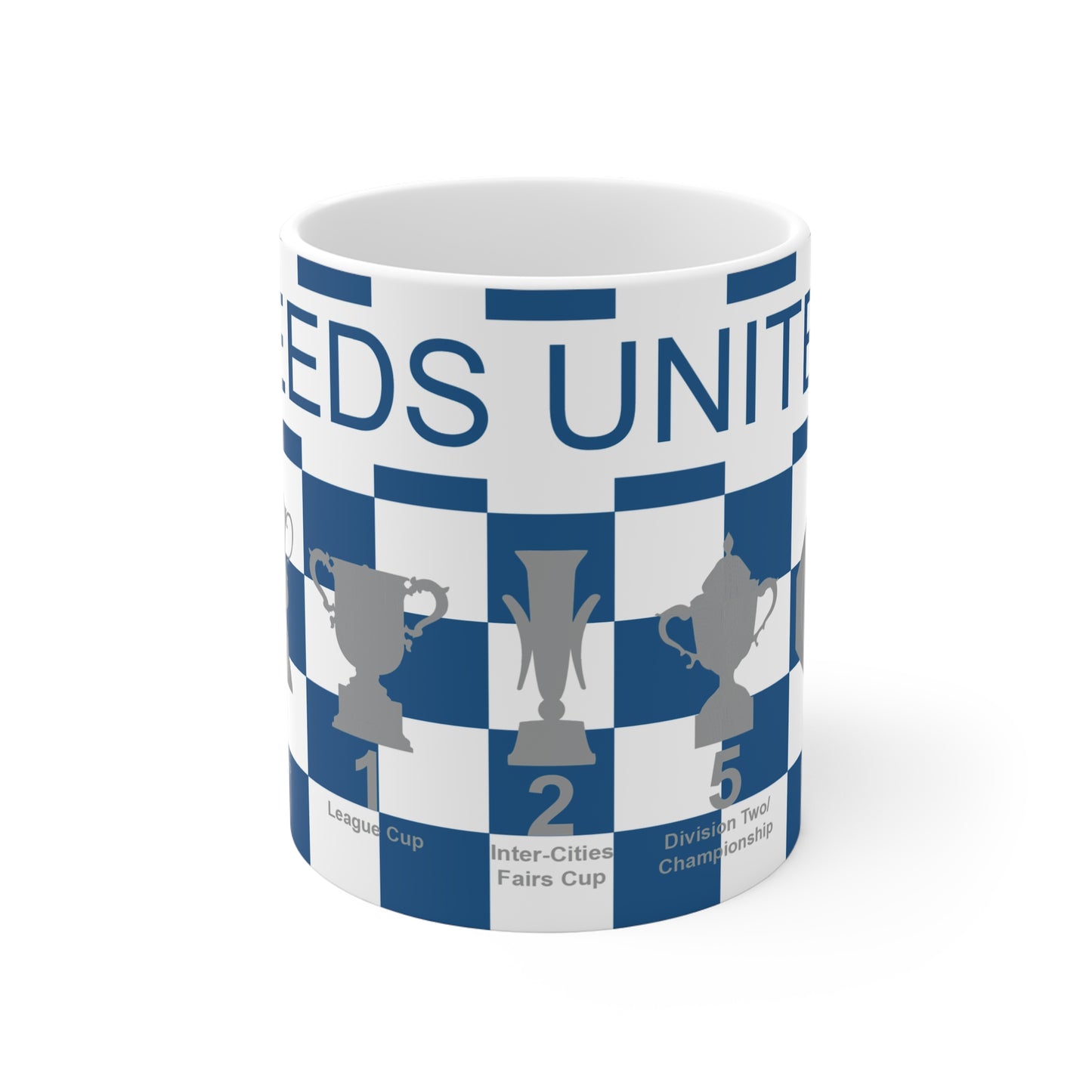 Leeds United Blue & White Chequered Trophies Mug - Blue Text