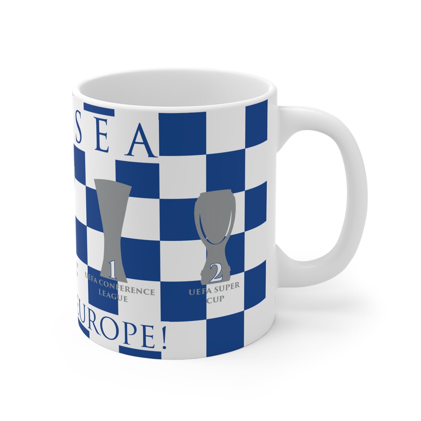 Chelsea Blue & White Chequered Kings of Europe Mug - Blue Header Text