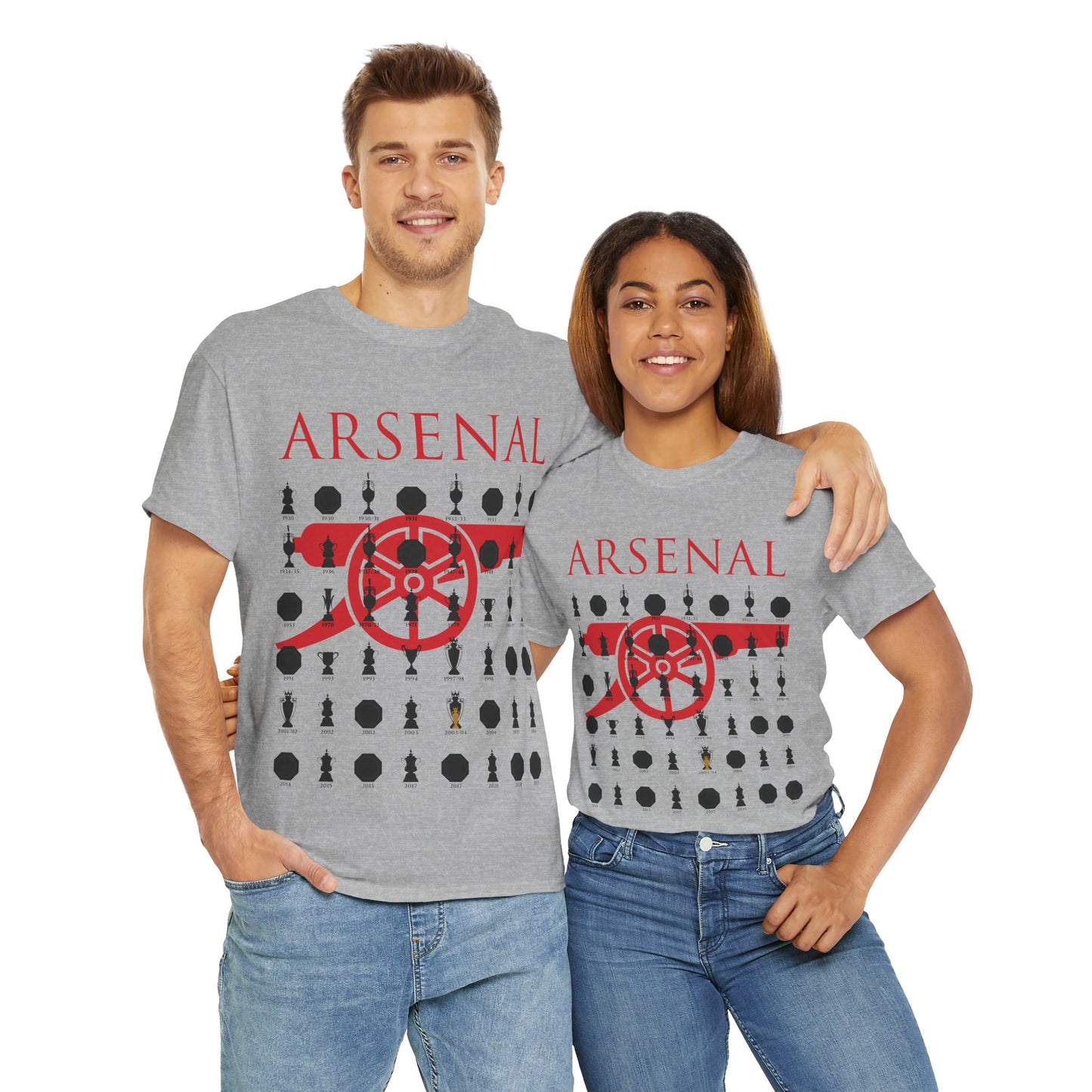 Arsenal Cannon & Trophies Collection Unisex Heavy Cotton T-Shirt - Red/Black/White/Sport Grey/Royal/Gold/Navy