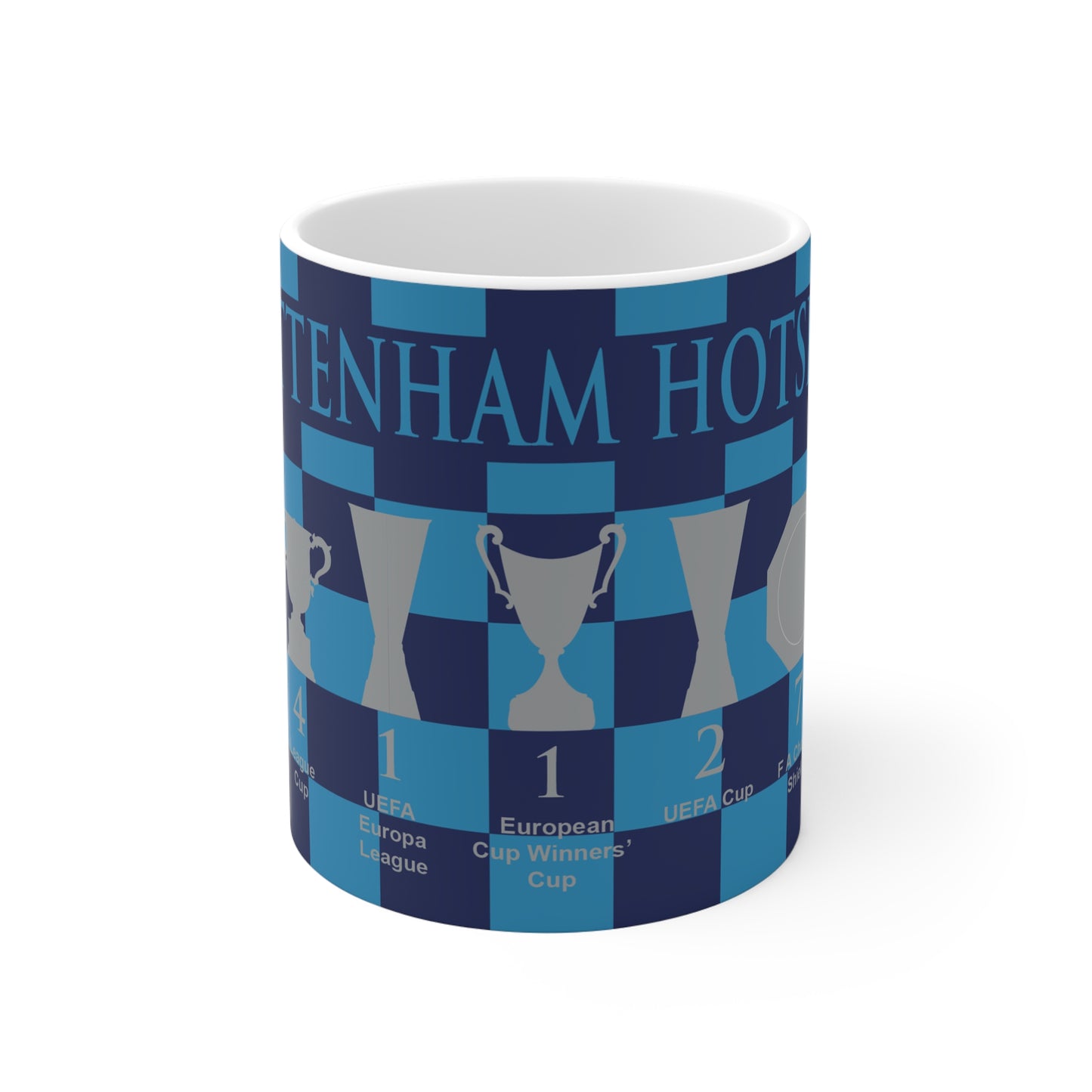 Tottenham Hotspur Blue & Cyan Chequered Trophies Mug - Cyan Header Text