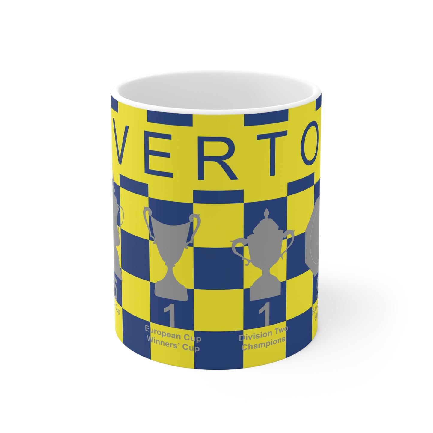 Everton Yellow & Blue Chequered Trophies Mug - Blue Header Text