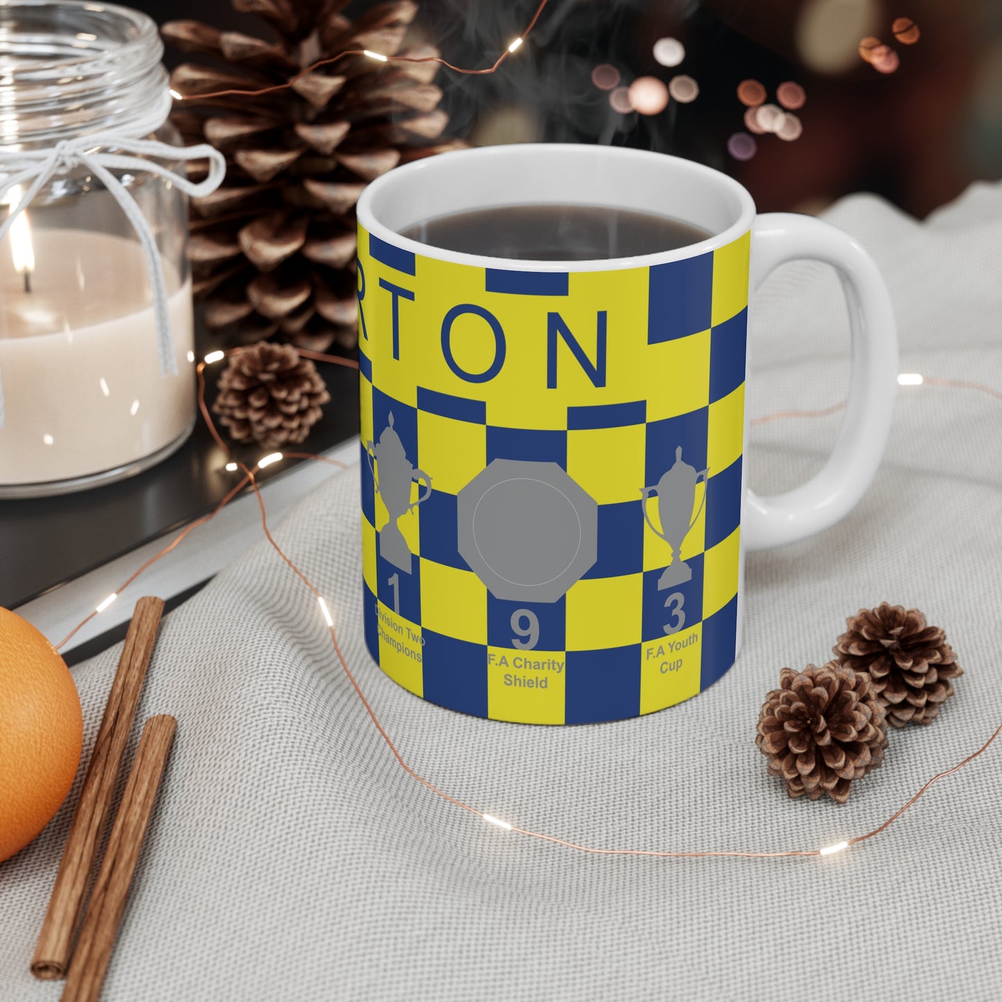 Everton Yellow & Blue Chequered Trophies Mug - Blue Header Text