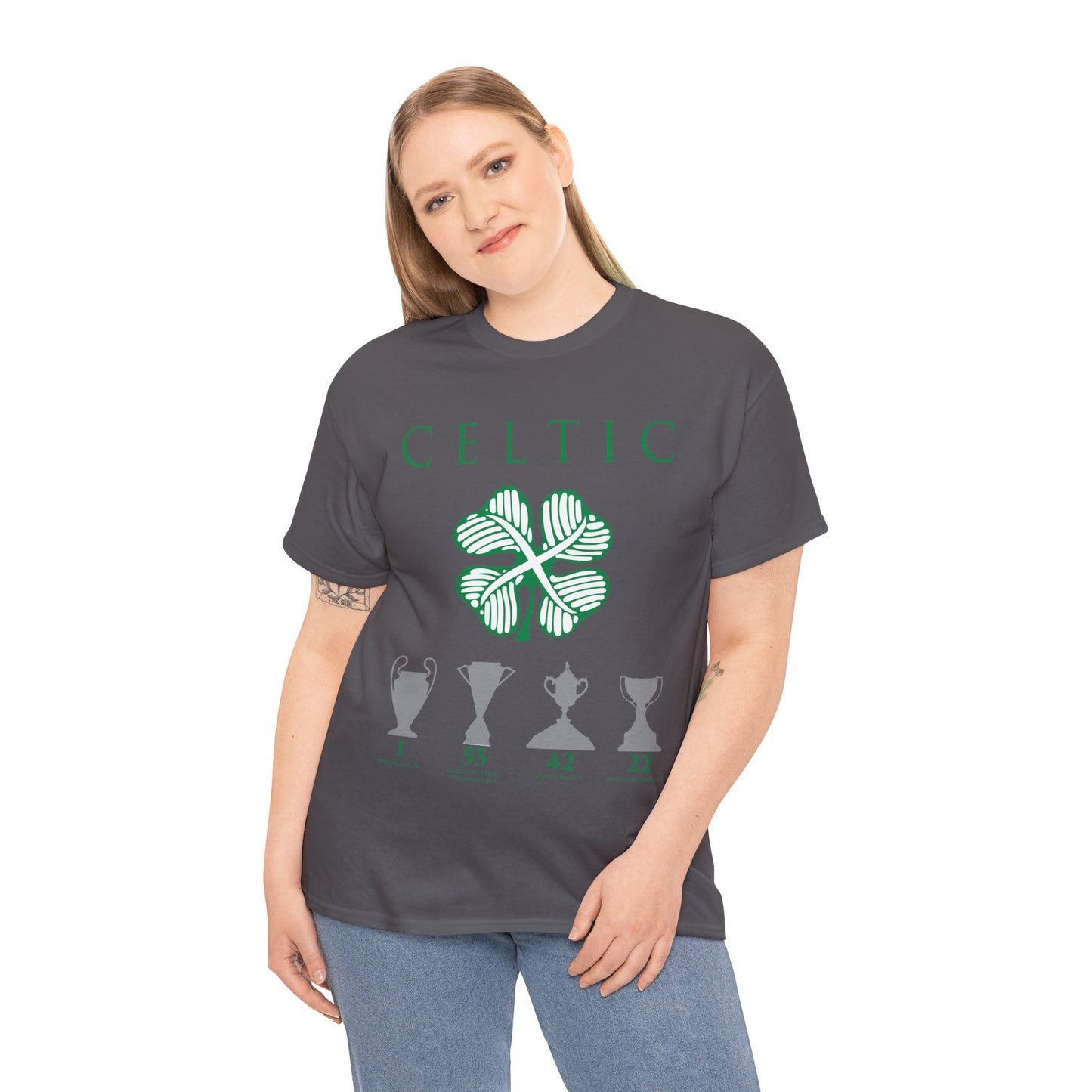 Celtic Clover & Trophies Unisex Heavy Cotton T-Shirt - Irish Green/Black/White/Gold/Sport Grey/Charcoal/Military Green/Forest Green