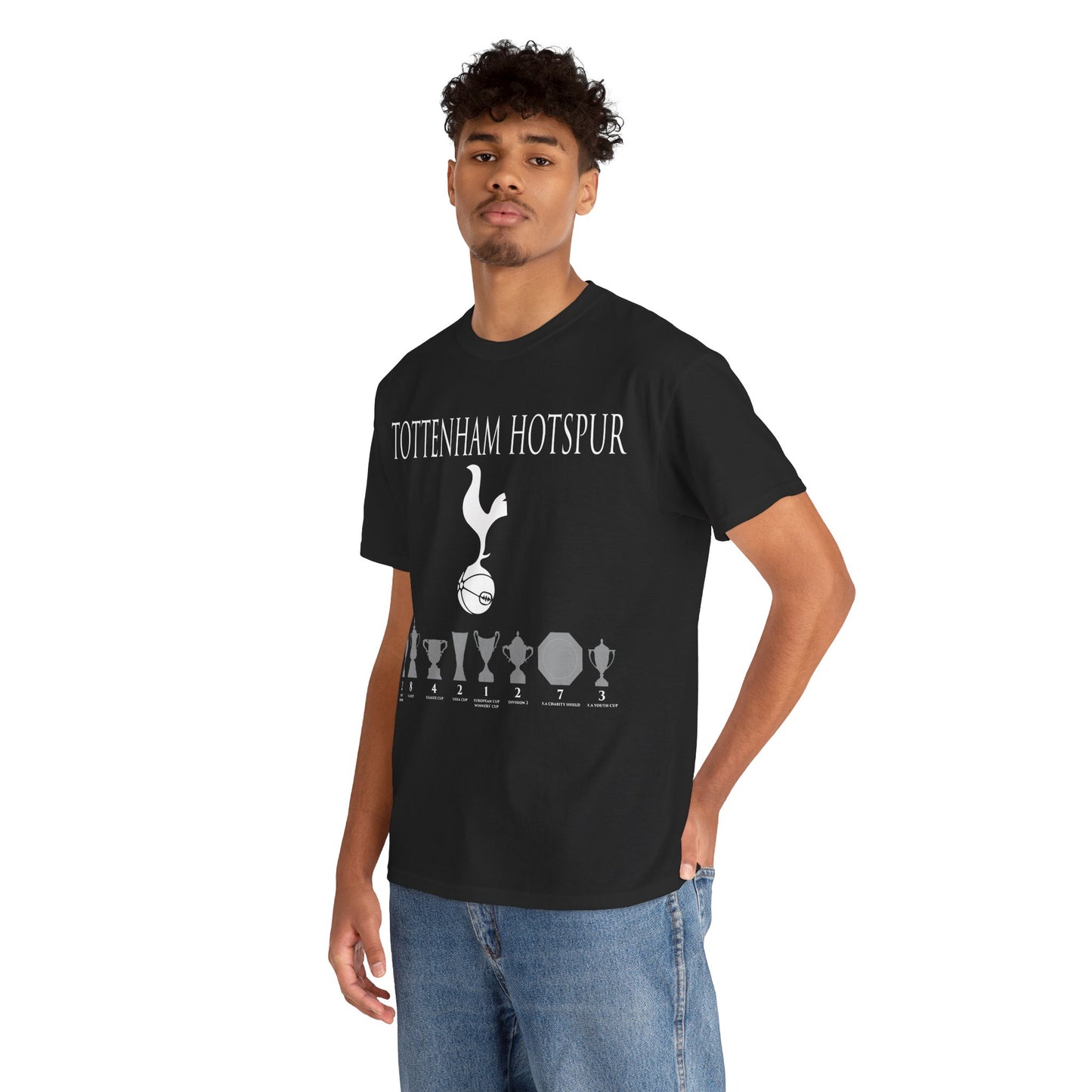 Tottenham Hotspur Cockerel & Trophies Unisex Heavy Cotton T-Shirt - Navy/White/Black/Gold/Light Blue/Royal