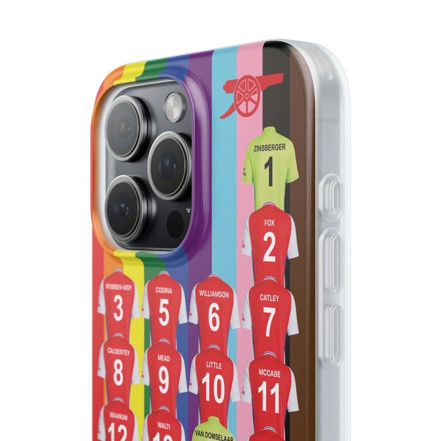 Arsenal Women Home Kit iPhone Flexi Case - iPhone 16, 15, 14, 13, 12, Mini/Plus/Pro/Pro Max - Rainbow