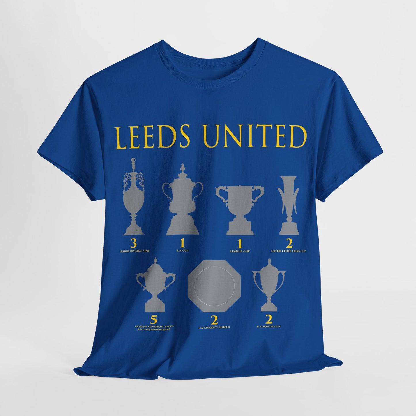 Leeds United Trophies Unisex Heavy Cotton T-Shirt - White/Black/Gold/Royal/Navy