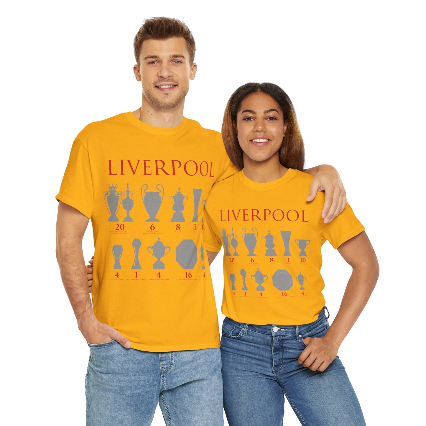 Liverpool Trophies Unisex Heavy Cotton T-Shirt - Red/White/Black/Gold