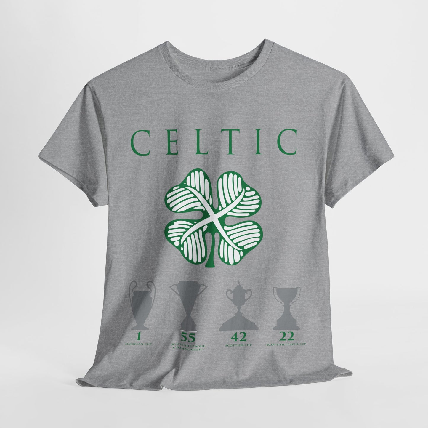Celtic Clover & Trophies Unisex Heavy Cotton T-Shirt - Irish Green/Black/White/Gold/Sport Grey/Charcoal/Military Green/Forest Green