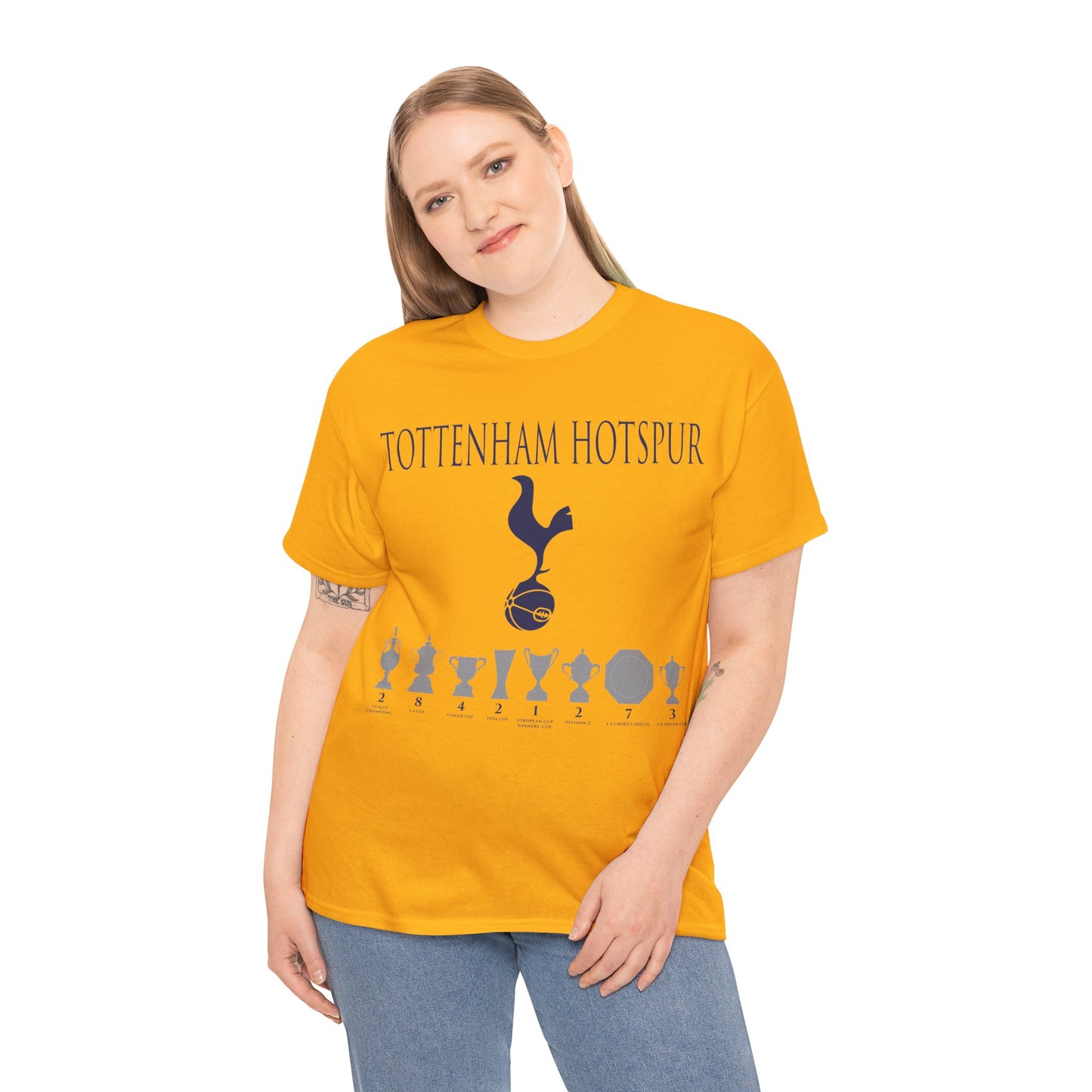 Tottenham Hotspur Cockerel & Trophies Unisex Heavy Cotton T-Shirt - Navy/White/Black/Gold/Light Blue/Royal