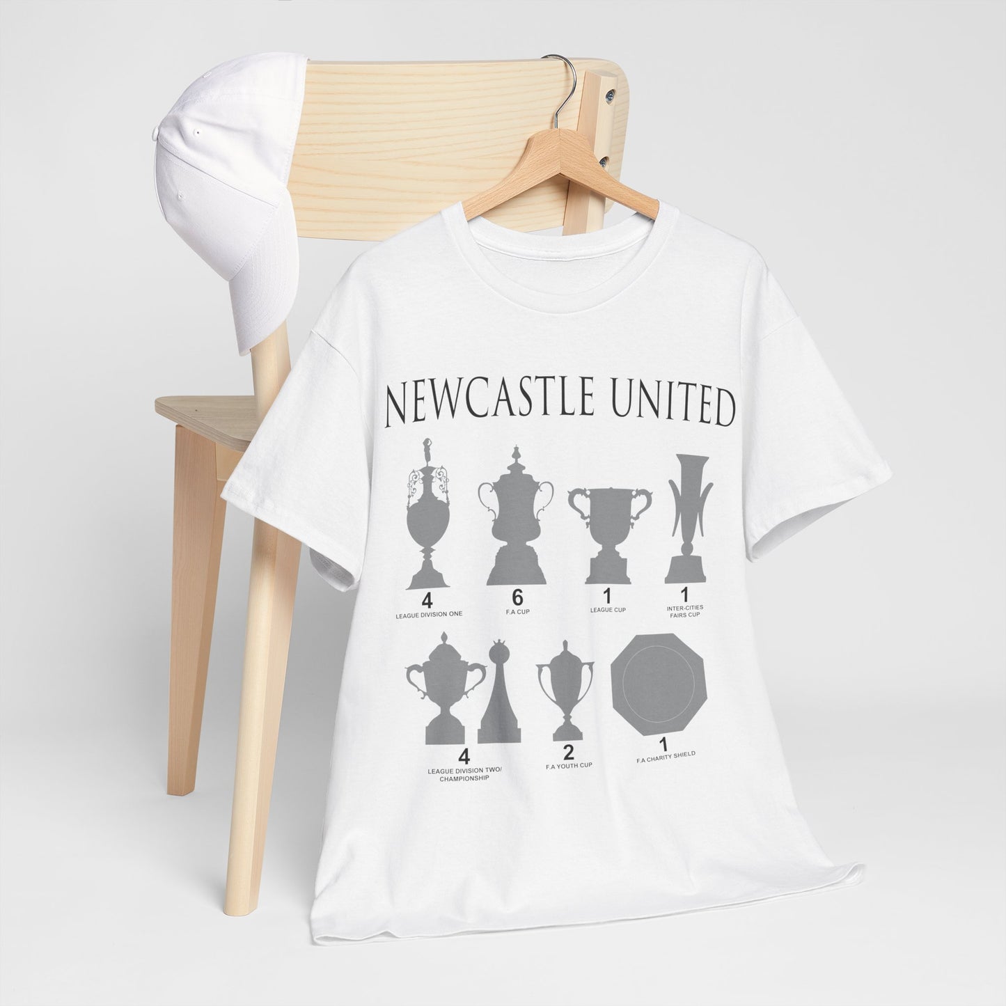 Newcastle United Trophies Unisex Heavy Cotton T-Shirt UPDATED - Black/White/Sport Grey/Charcoal