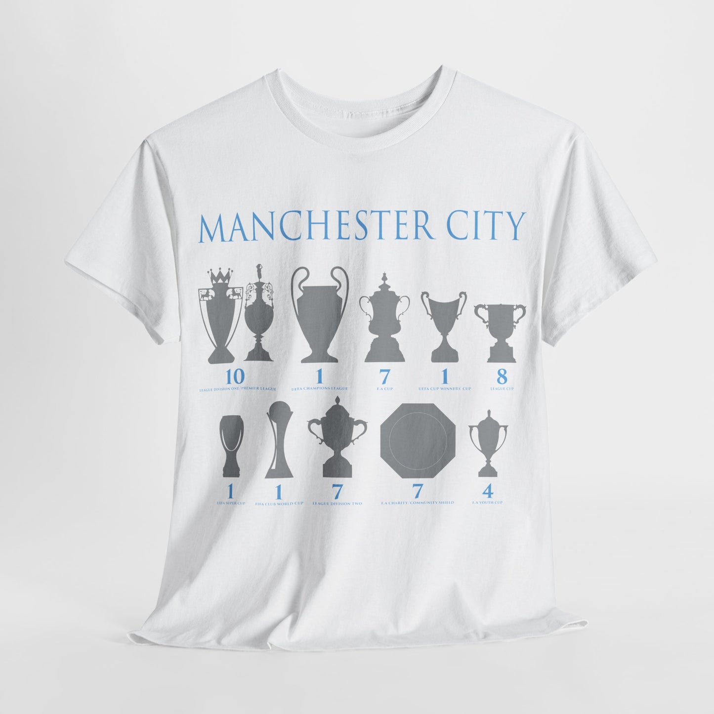 Manchester City Trophies Unisex Heavy Cotton T-Shirt - Light Blue/White/Black/Navy