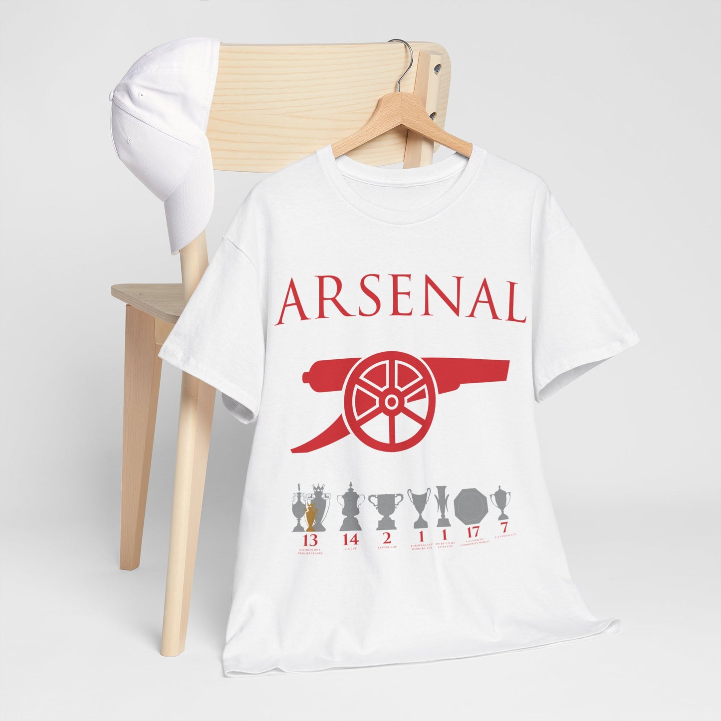 Arsenal Cannon & Trophies Unisex Heavy Cotton T-Shirt - Red/White/Black/Gold/Royal