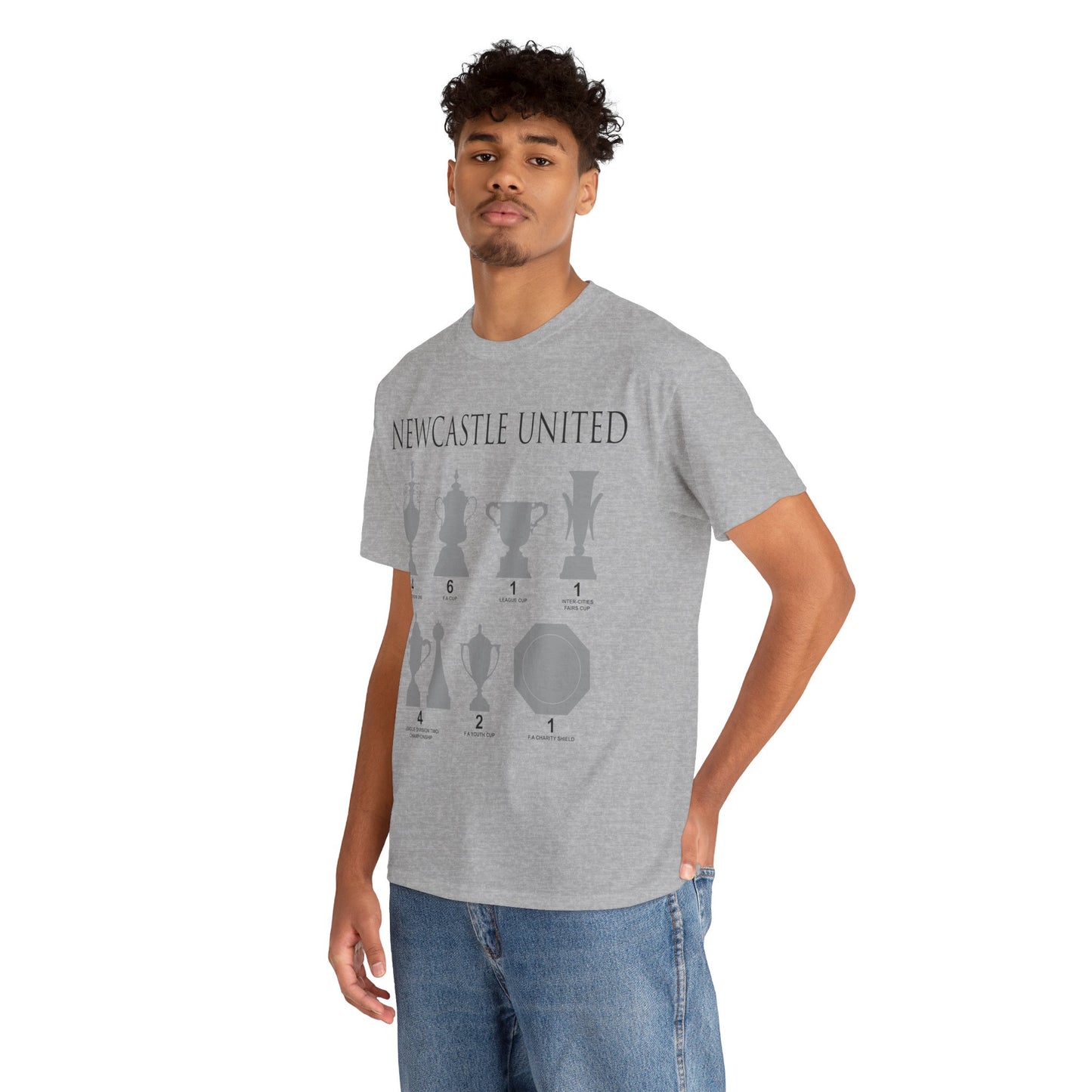 Newcastle United Trophies Unisex Heavy Cotton T-Shirt UPDATED - Black/White/Sport Grey/Charcoal