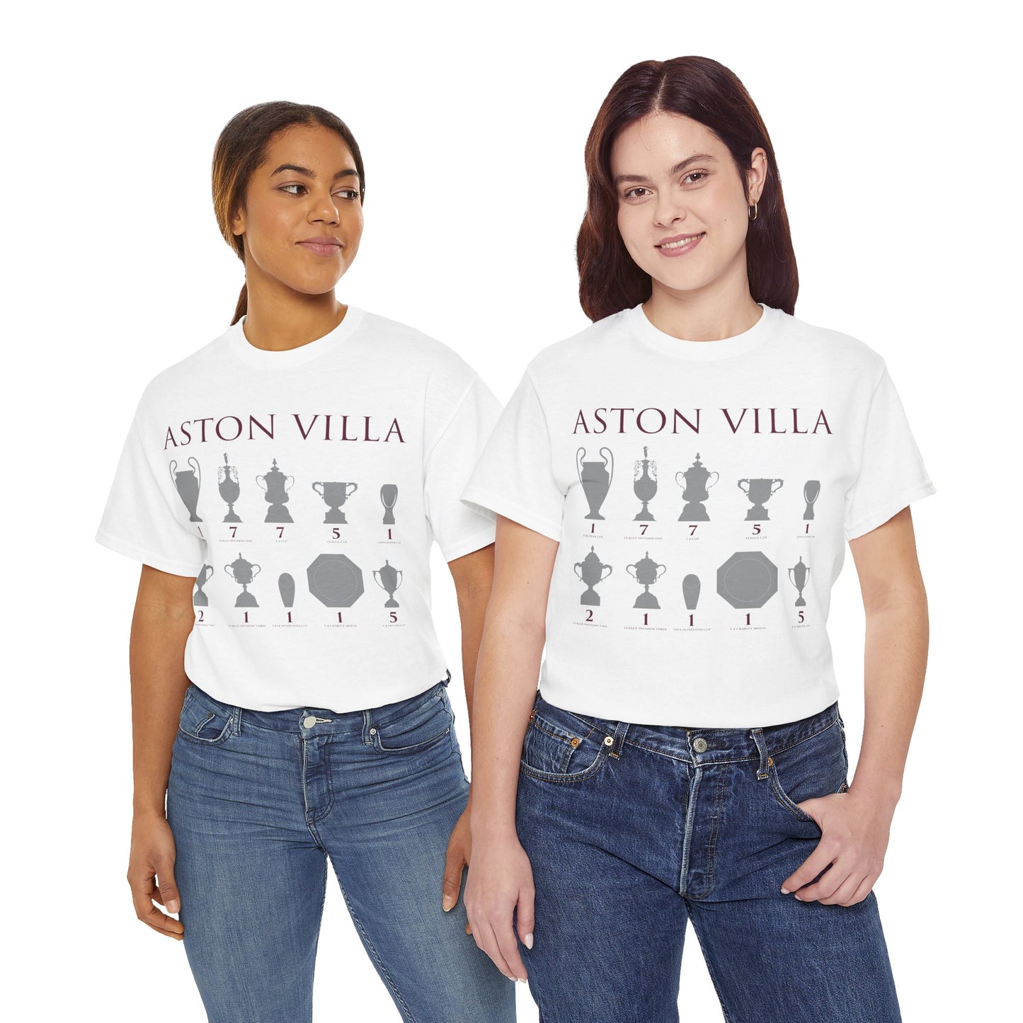Aston Villa Trophies Unisex Heavy Cotton T-Shirt - Maroon/White/Light Blue