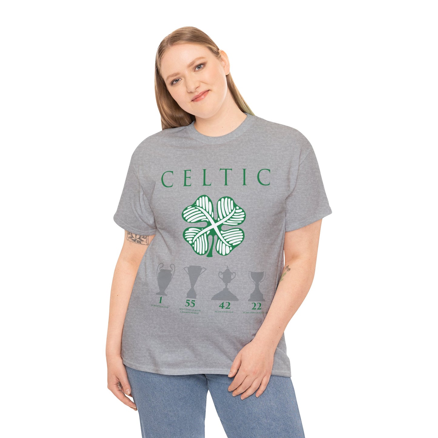 Celtic Clover & Trophies Unisex Heavy Cotton T-Shirt - Irish Green/Black/White/Gold/Sport Grey/Charcoal/Military Green/Forest Green