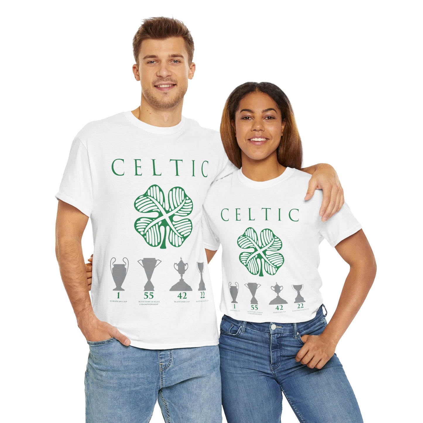 Celtic Clover & Trophies Unisex Heavy Cotton T-Shirt - Irish Green/Black/White/Gold/Sport Grey/Charcoal/Military Green/Forest Green