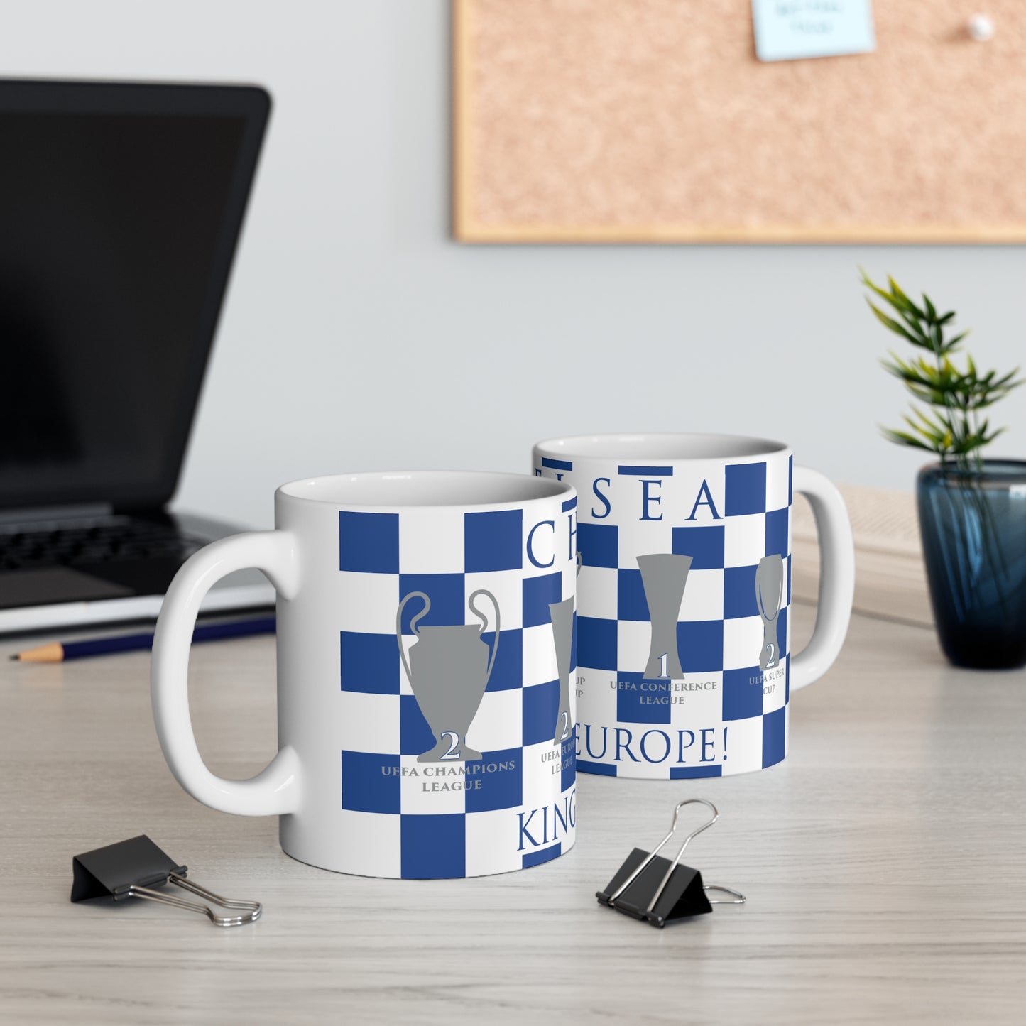 Chelsea Blue & White Chequered Kings of Europe Mug - Blue Header Text