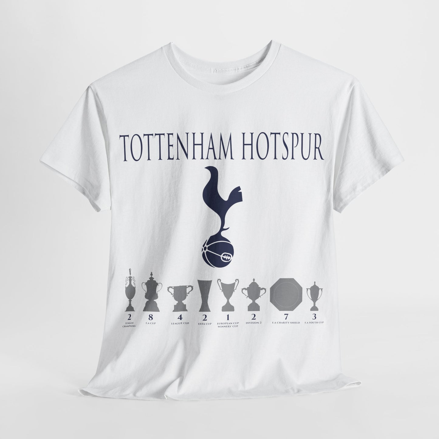 Tottenham Hotspur Cockerel & Trophies Unisex Heavy Cotton T-Shirt - Navy/White/Black/Gold/Light Blue/Royal