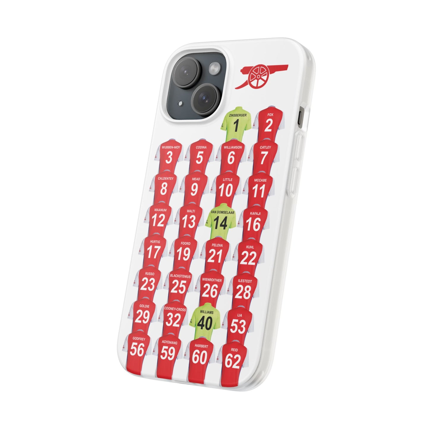 Arsenal Women Home Kit iPhone Flexi Case - iPhone 16, 15, 14, 13, 12, Mini/Plus/Pro/Pro Max - White
